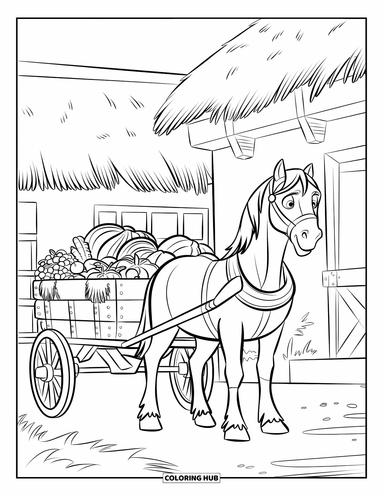 Harvest Coloring Page for Kids: A horse stands by a farm building with a wagon full of fruits and vegetables