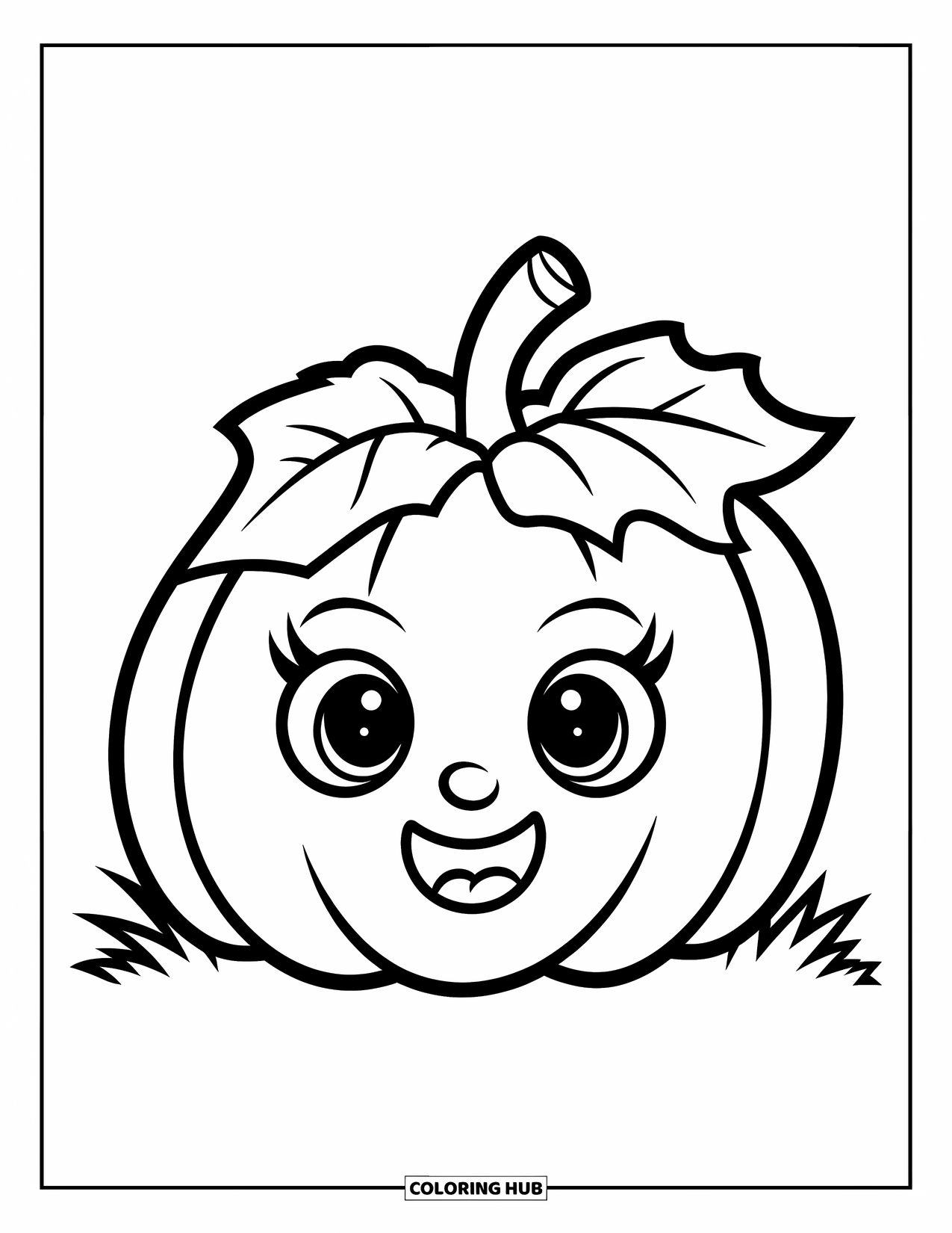 Harvest Coloring Page for Kids: A pumpkin with a big leaf sits smiling in a grassy field