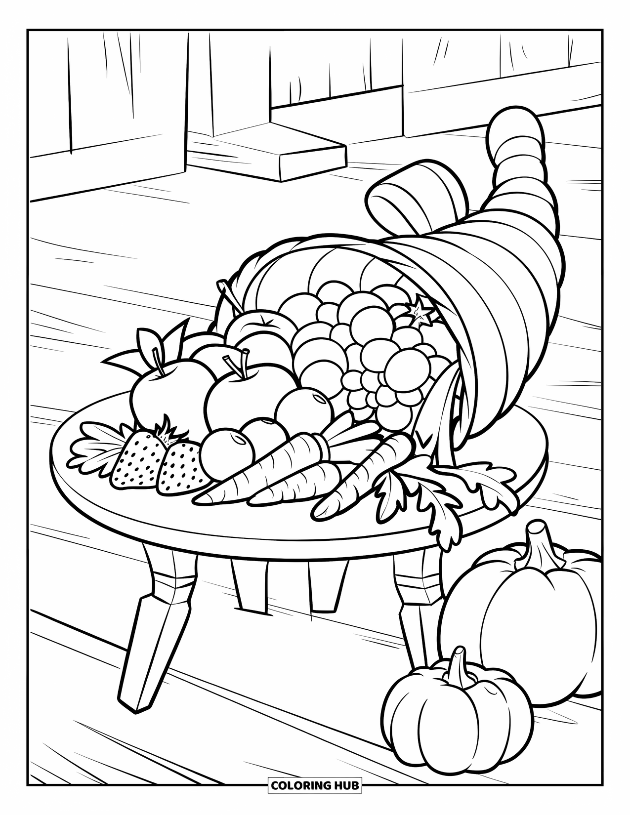 Harvest Coloring Page for Kids: A ribboned cornucopia with fruits, veggies, and pumpkins sits on a wooden table
