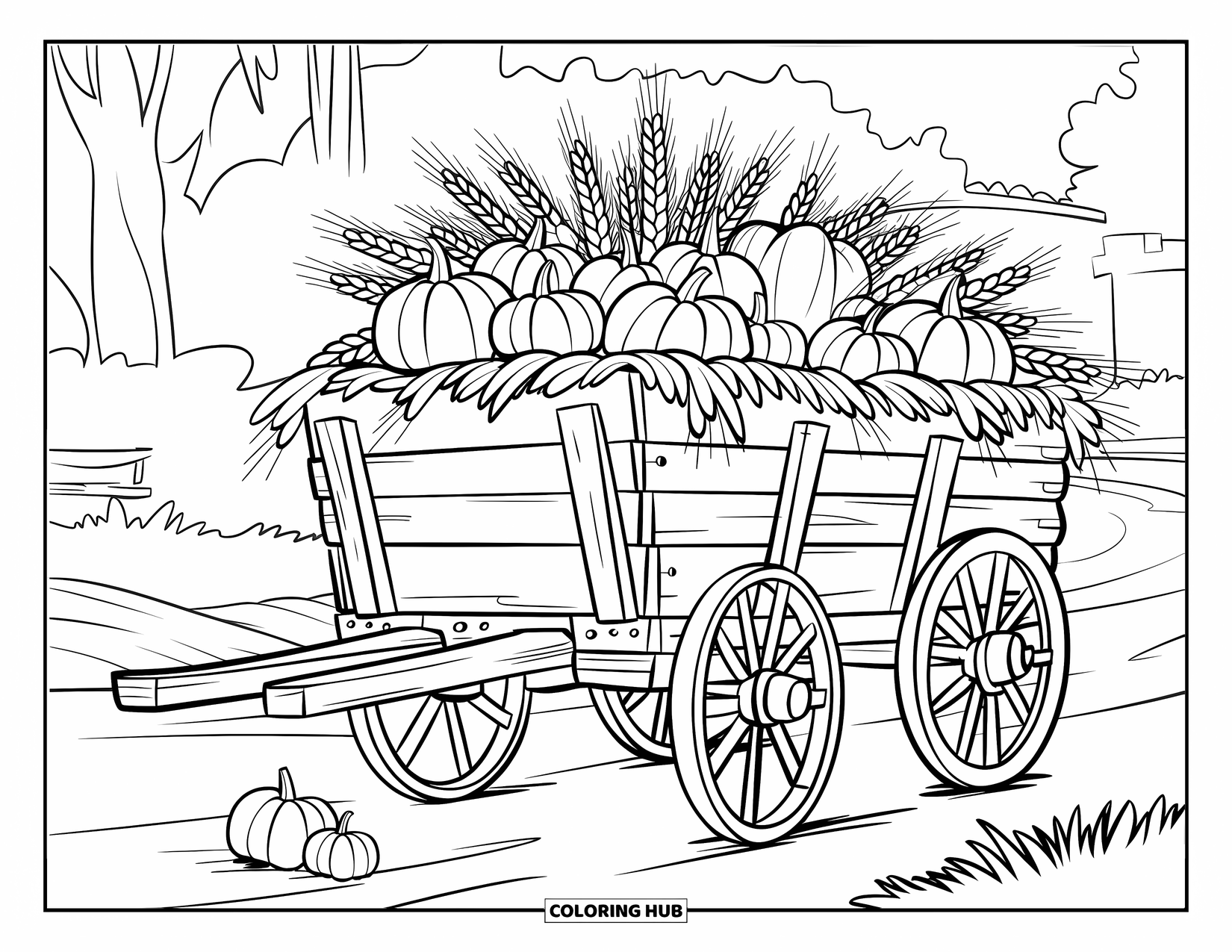 Harvest Coloring Page for Kids: A rustic cart holds wheat and pumpkins along a dirt road with trees and a building