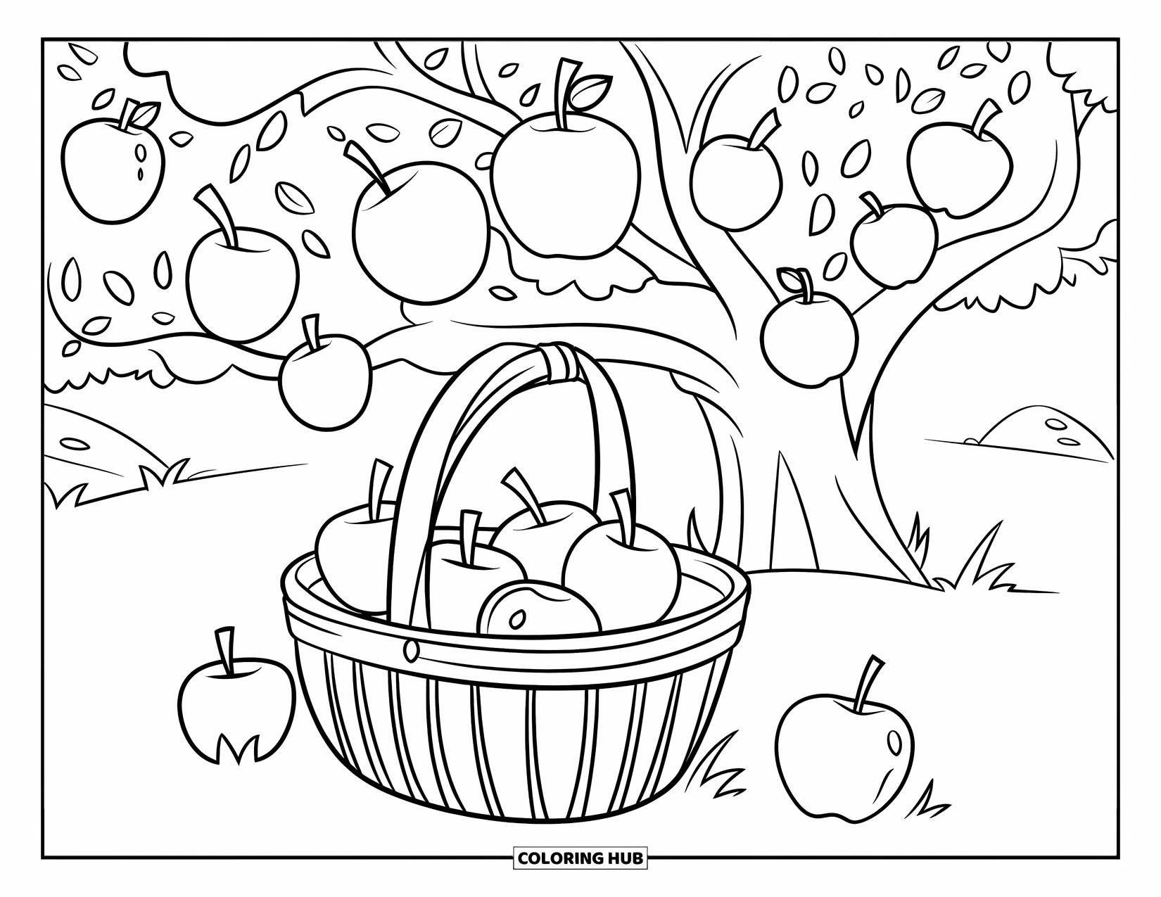Harvest Coloring Page for Kids: A tree full of apples with a basket below rests in a grassy field with rocks