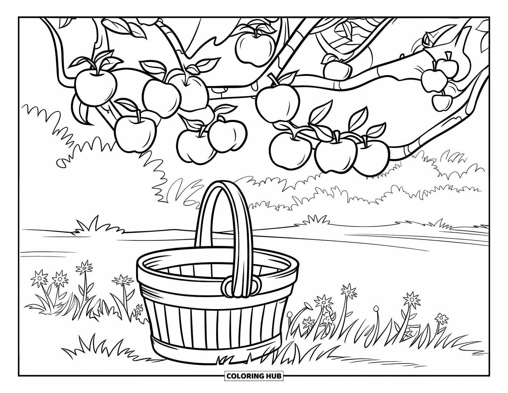 Harvest Coloring Page for Kids: A tree with apples of all sizes and a basket sits among wildflowers