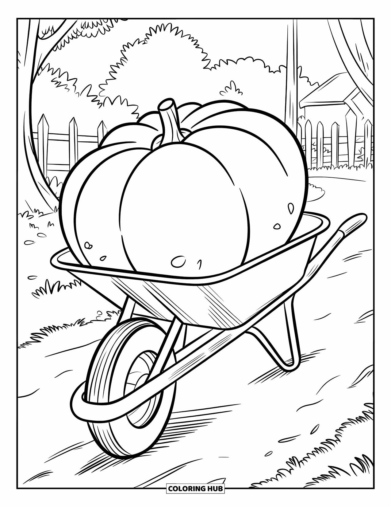 Harvest Coloring Page for Kids: A wheelbarrow holds a big squash on a dirt path near trees and a fence
