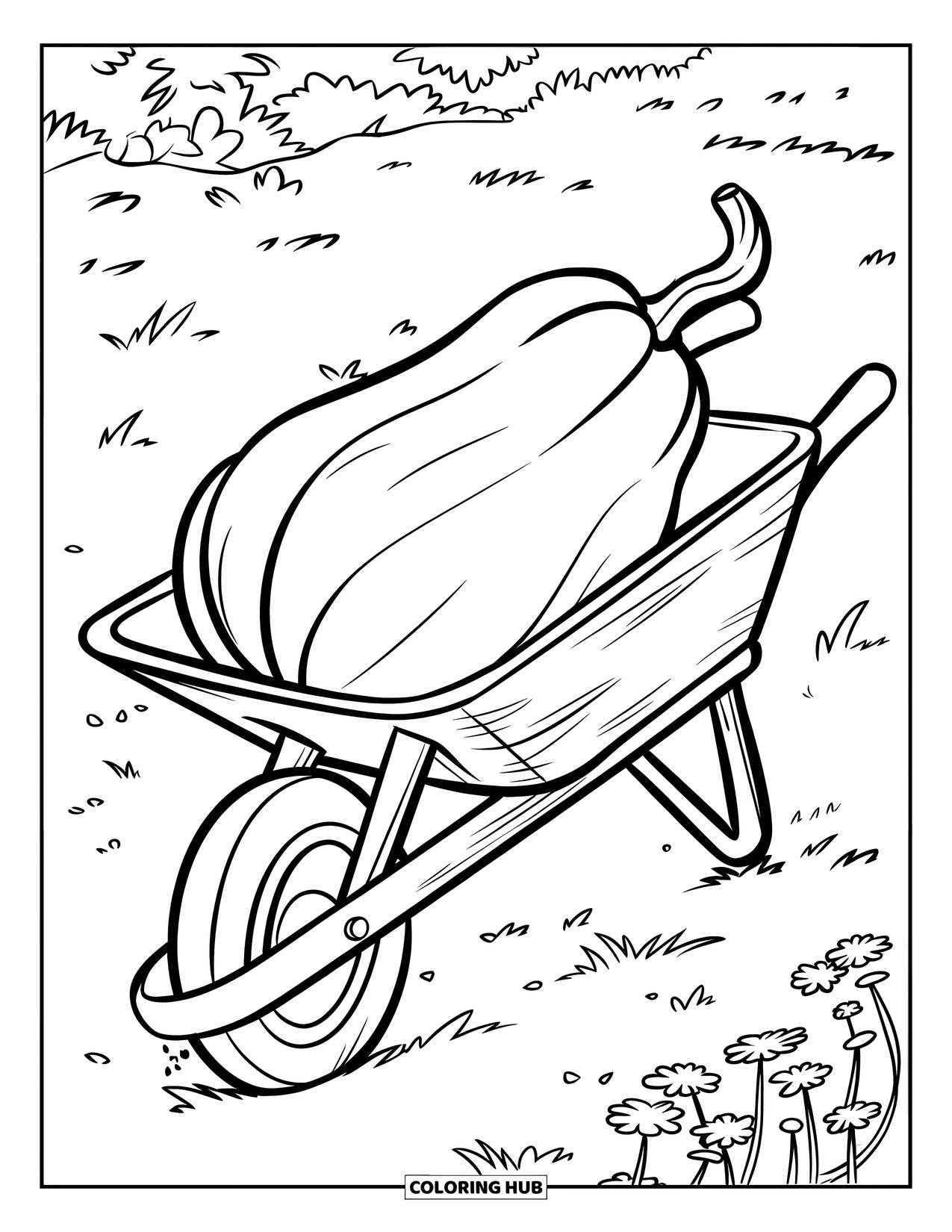 Harvest Coloring Page for Kids: A wheelbarrow with a large squash stands in a field with tiny flowers