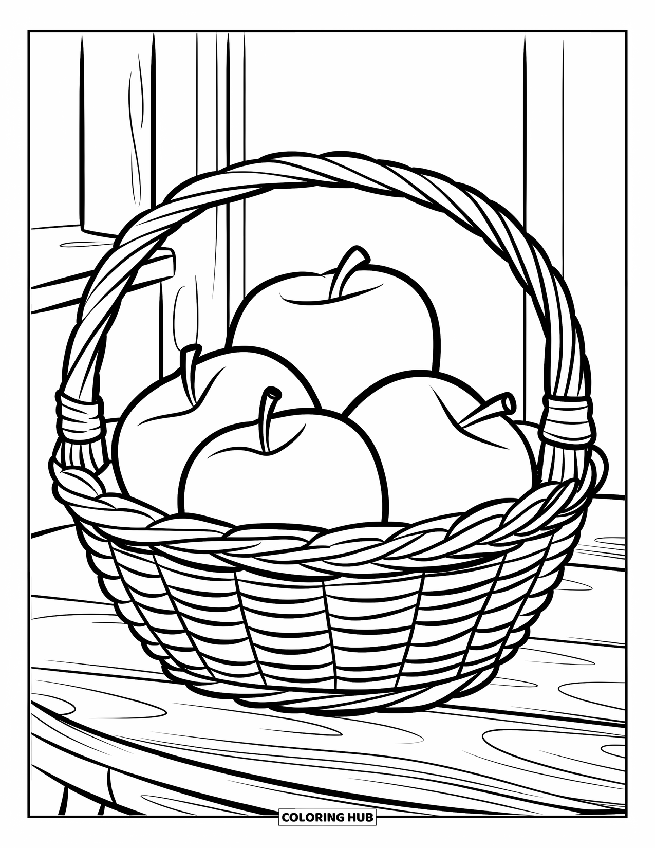 Harvest Coloring Page for Kids: A wicker basket with three big apples sits on a wooden table