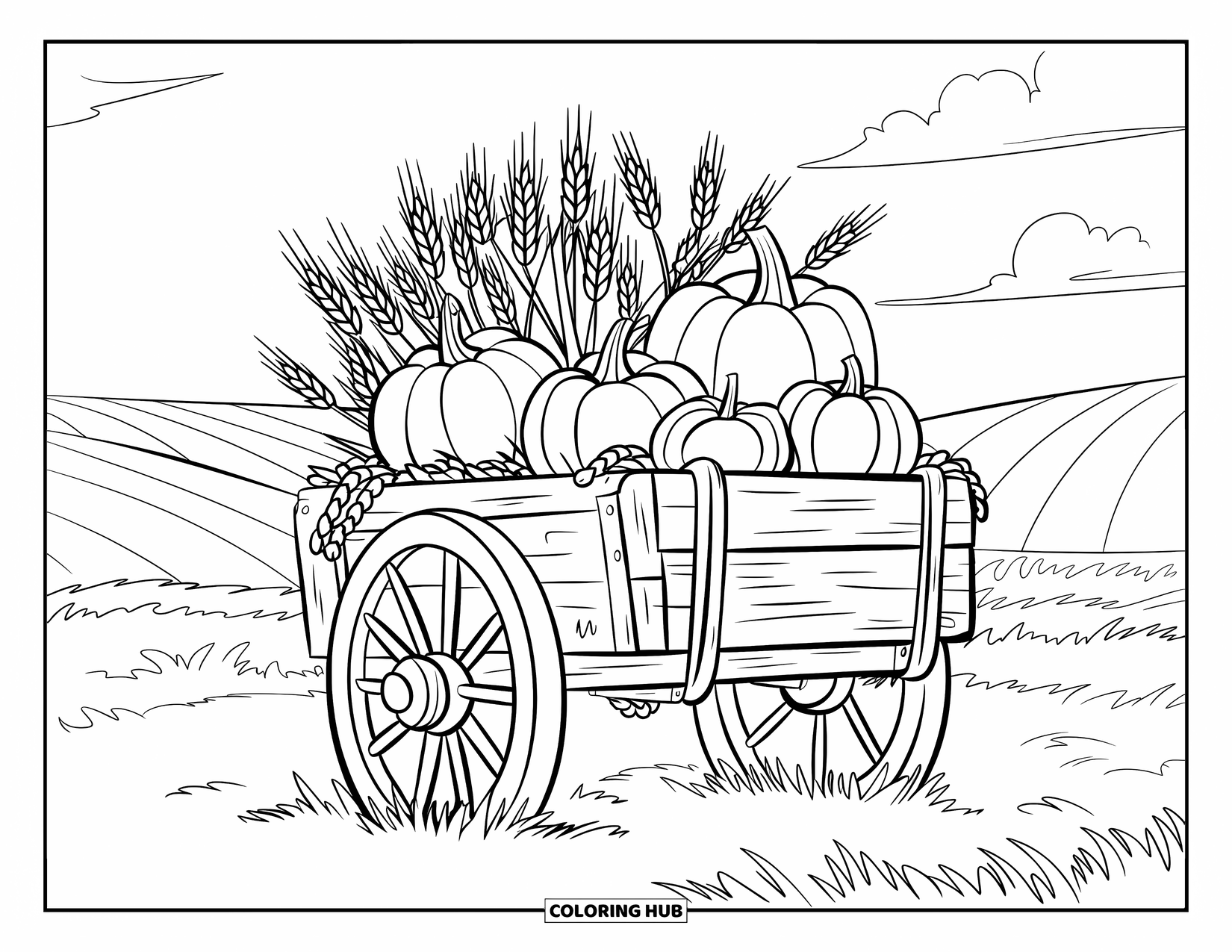 Harvest Coloring Page for Kids: A wooden cart loaded with wheat and pumpkins rests in a field with hills