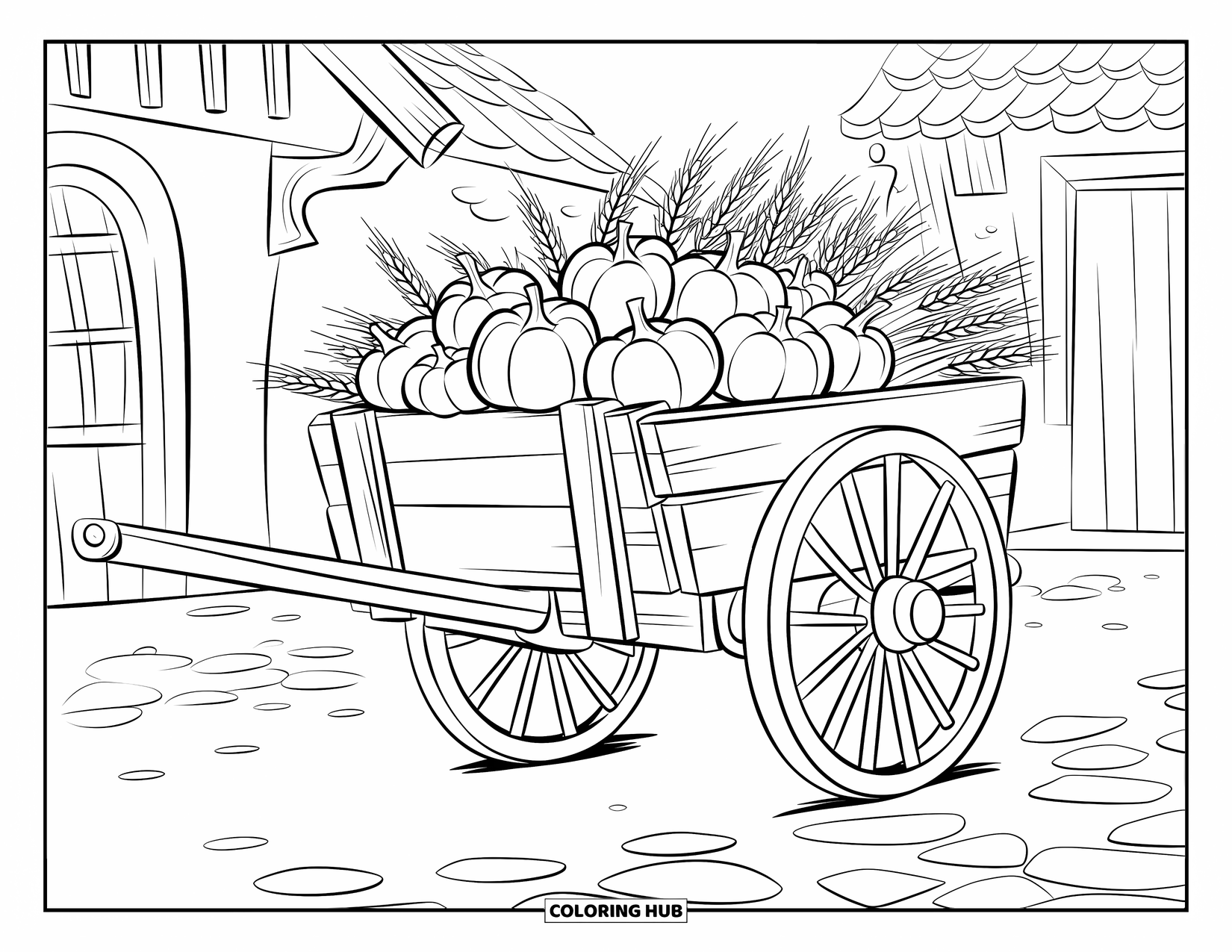 Harvest Coloring Page for Kids: A wooden cart piled with wheat and pumpkins sits by a quaint building
