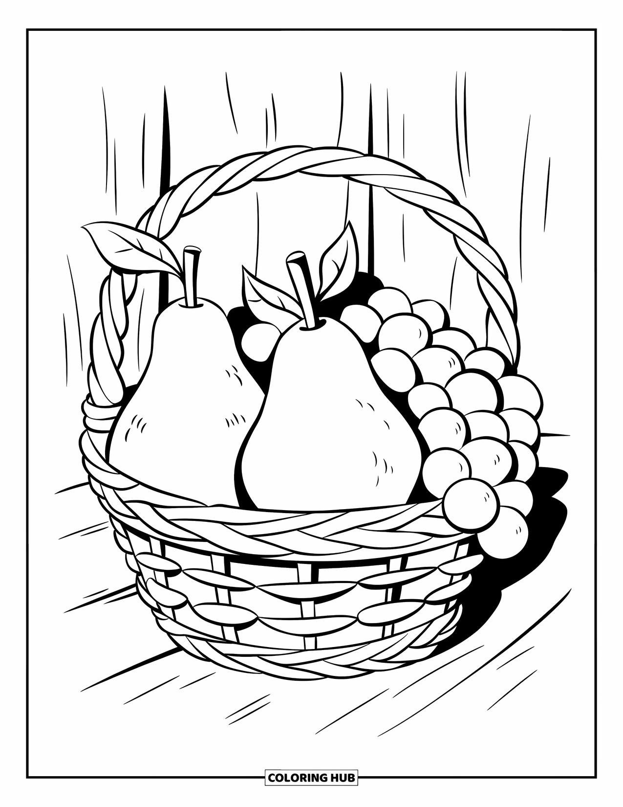 Harvest Coloring Page for Kids: A woven basket with pears and grapes sits on a wooden base