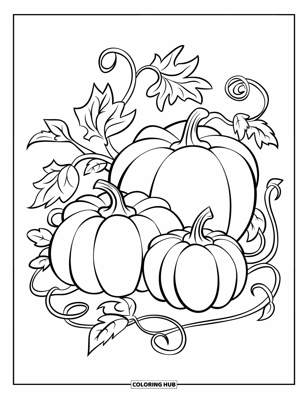 Harvest Coloring Page for Kids: Three unique pumpkins with twisting vines and big leafy curls