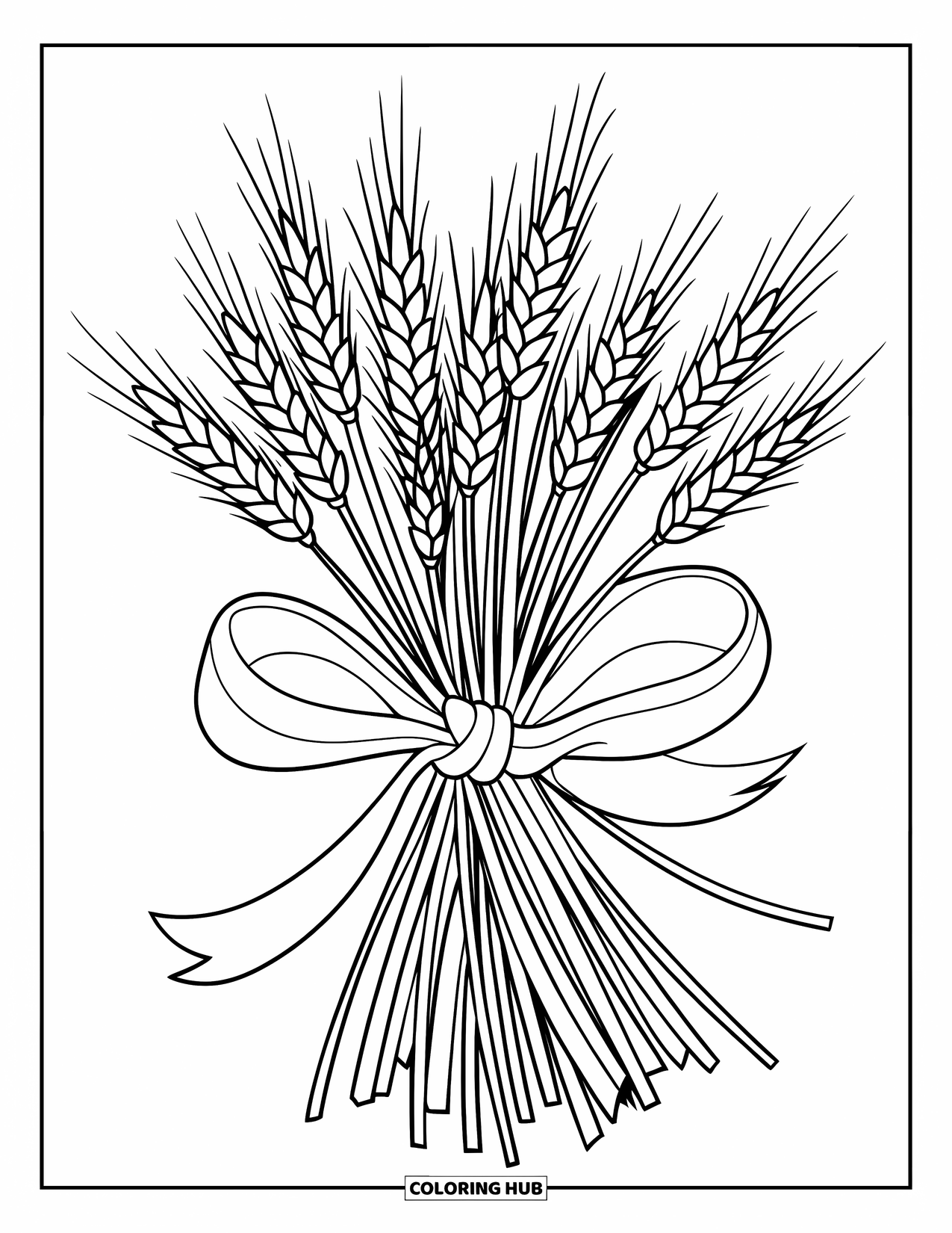 Harvest Coloring Page for Kids: Twelve wheat stalks tied with a ribbon rest neatly together