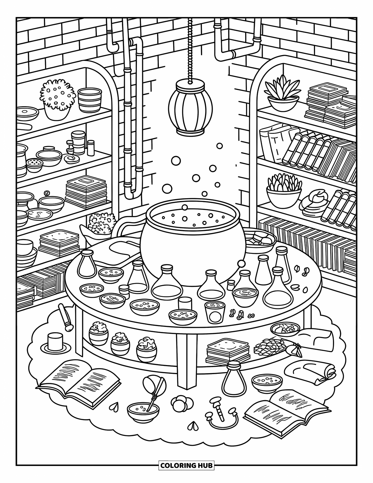 Haunted Mansion Coloring Page for Adults: A bubbling cauldron and open books fill a cluttered potion-making room