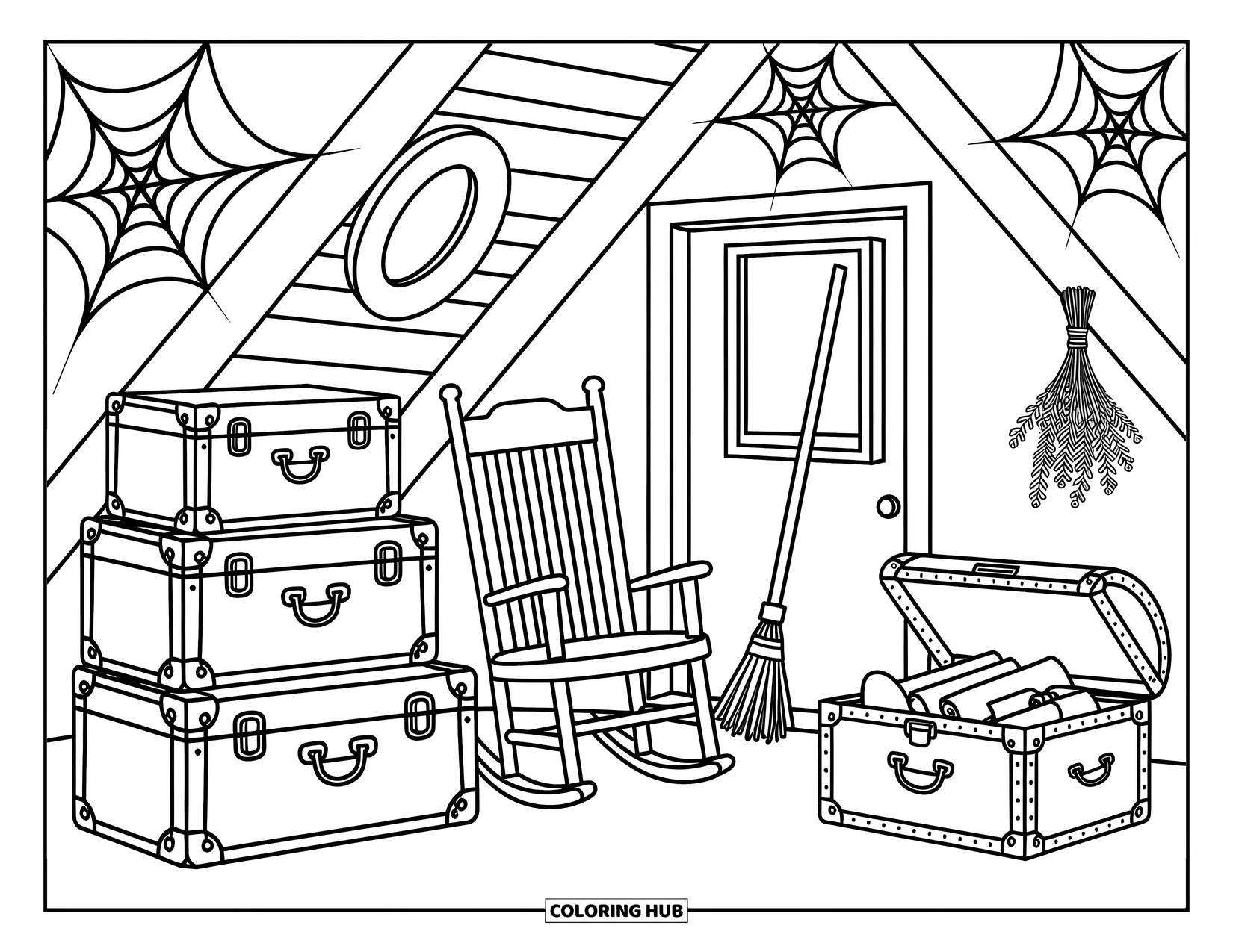 Haunted Mansion Coloring Page for Adults: A cozy attic holds scrolls, trinkets, and spiderwebs under a round window