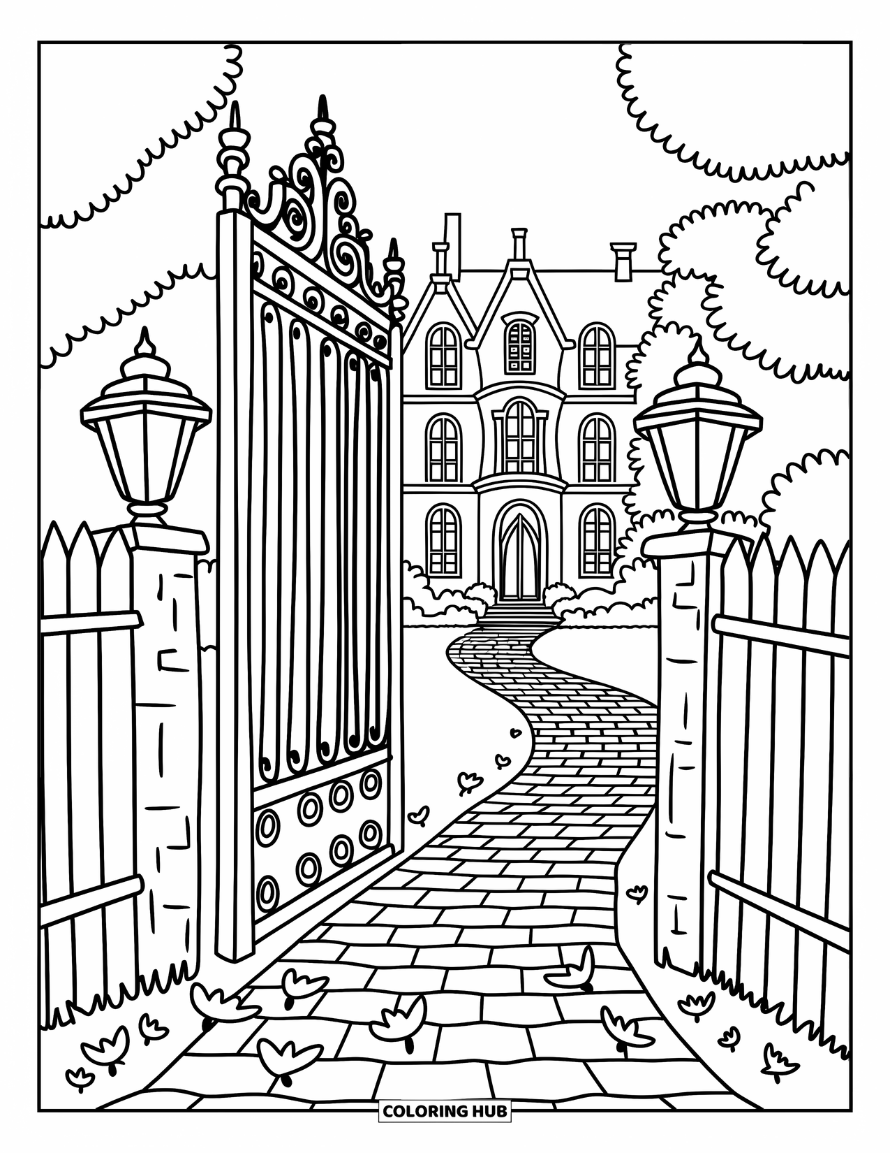 Haunted Mansion Coloring Page for Adults: A cozy mansion waits behind an open gate and swirling leaves