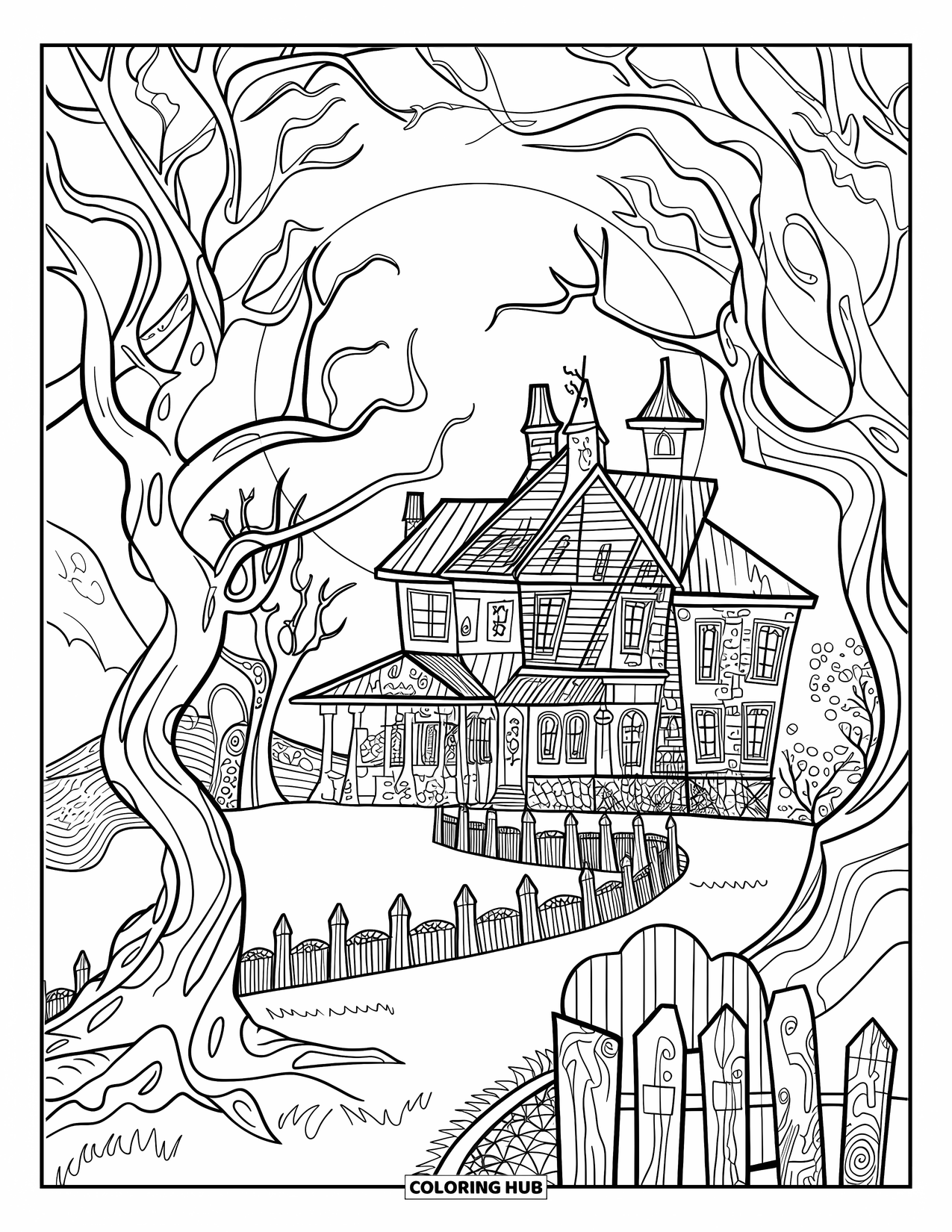 Haunted Mansion Coloring Page for Adults: A haunted mansion sits behind twisted trees and a moonlit fence