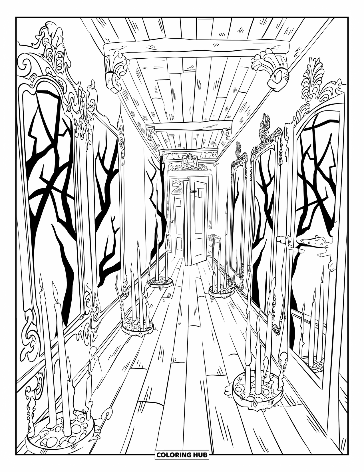 Haunted Mansion Coloring Page for Adults: Flickering candles reflect in mirrors lining a shadowy haunted hallway