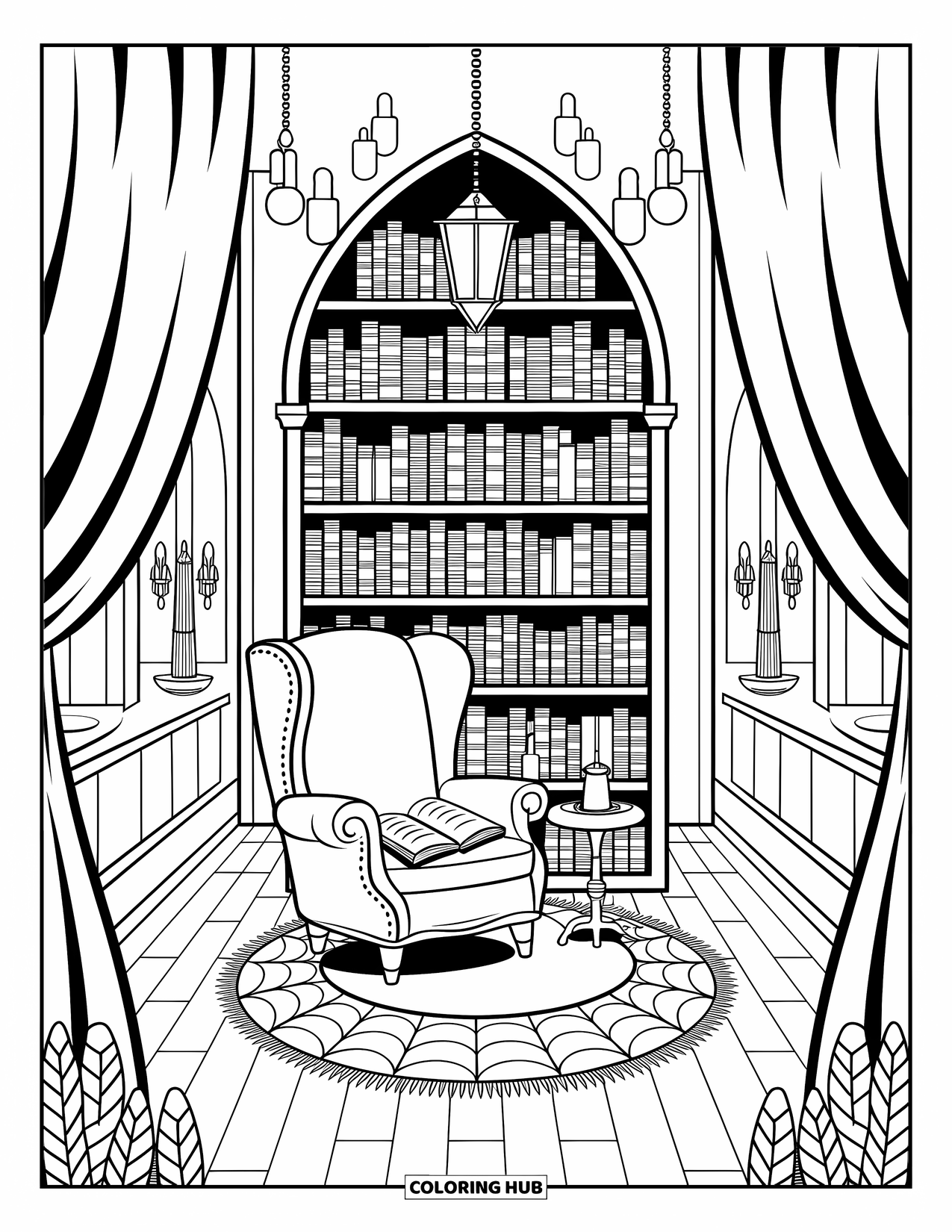 Haunted Mansion Coloring Page for Adults: Haunted library with floating candles and a cobwebbed reading chair
