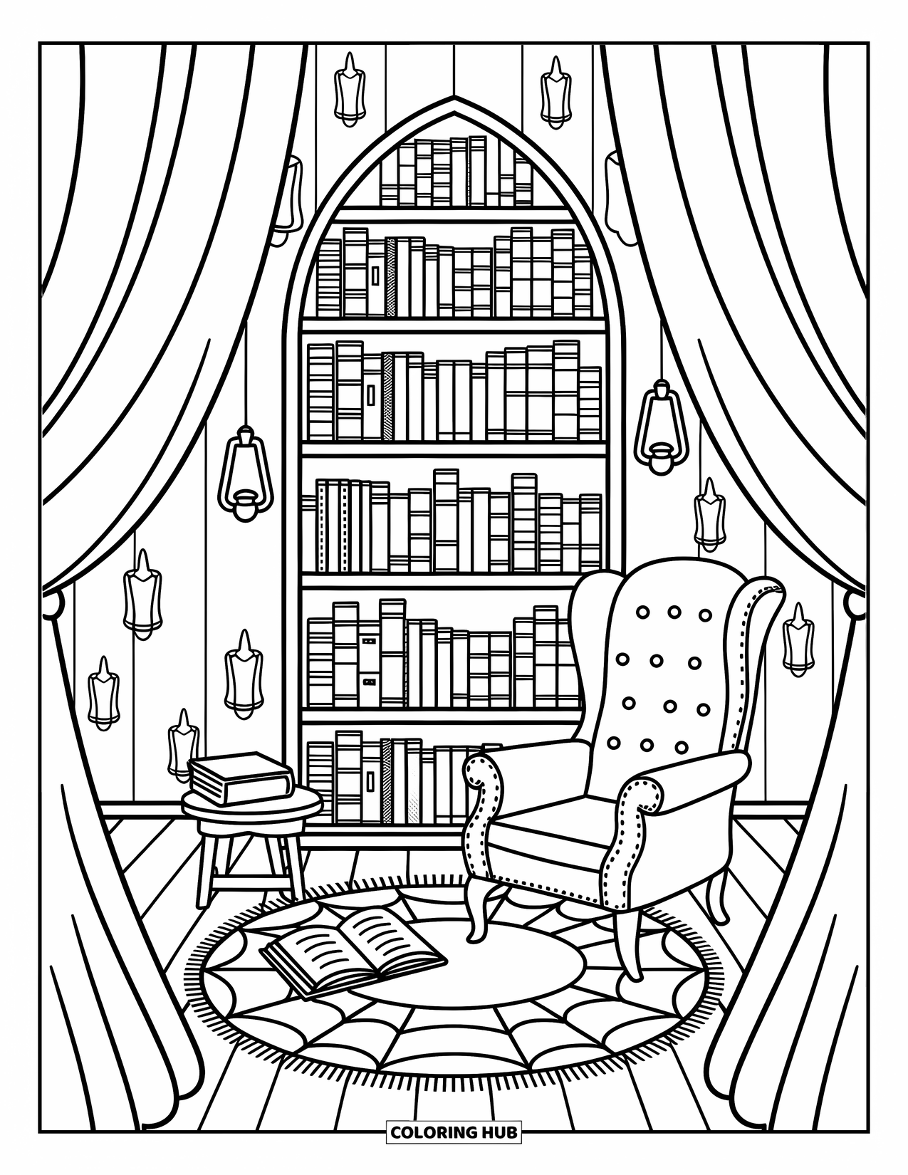 Haunted Mansion Coloring Page for Adults: Tall bookshelf and floating candles fill a cozy haunted library