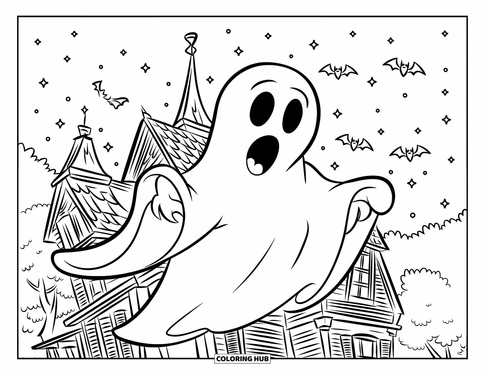 Haunted Mansion Coloring Page for Kids: A ghost pops from the chimney of a spooky mansion surrounded by bats and trees