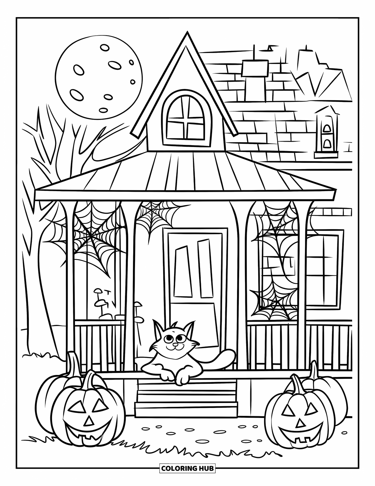 Haunted Mansion Coloring Page for Kids: Black cat lounges on a haunted porch with pumpkins and cobwebs