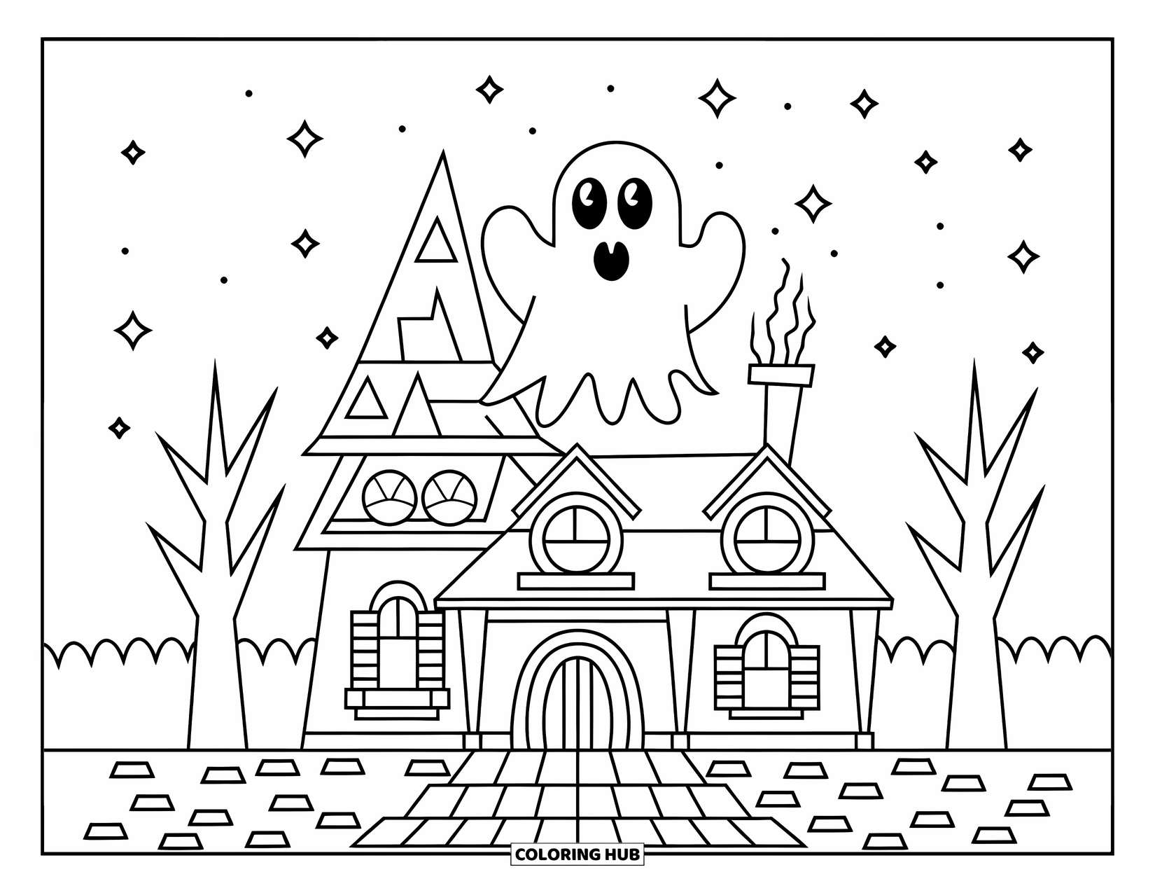 Haunted Mansion Coloring Page for Kids: Cartoon ghost pops from a mansion chimney under a starry sky with trees around