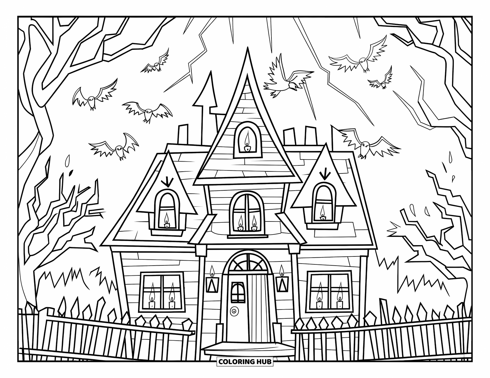 Haunted Mansion Coloring Page for Kids: Crows and lightning surround a haunted mansion with spooky trees and a creaky door