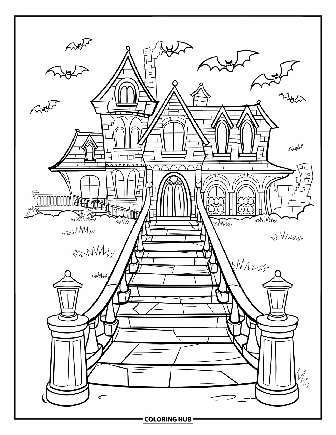Haunted Mansion Coloring Page for Kids: Foggy night view of a spooky mansion with lanterns, bats, and lit stairs