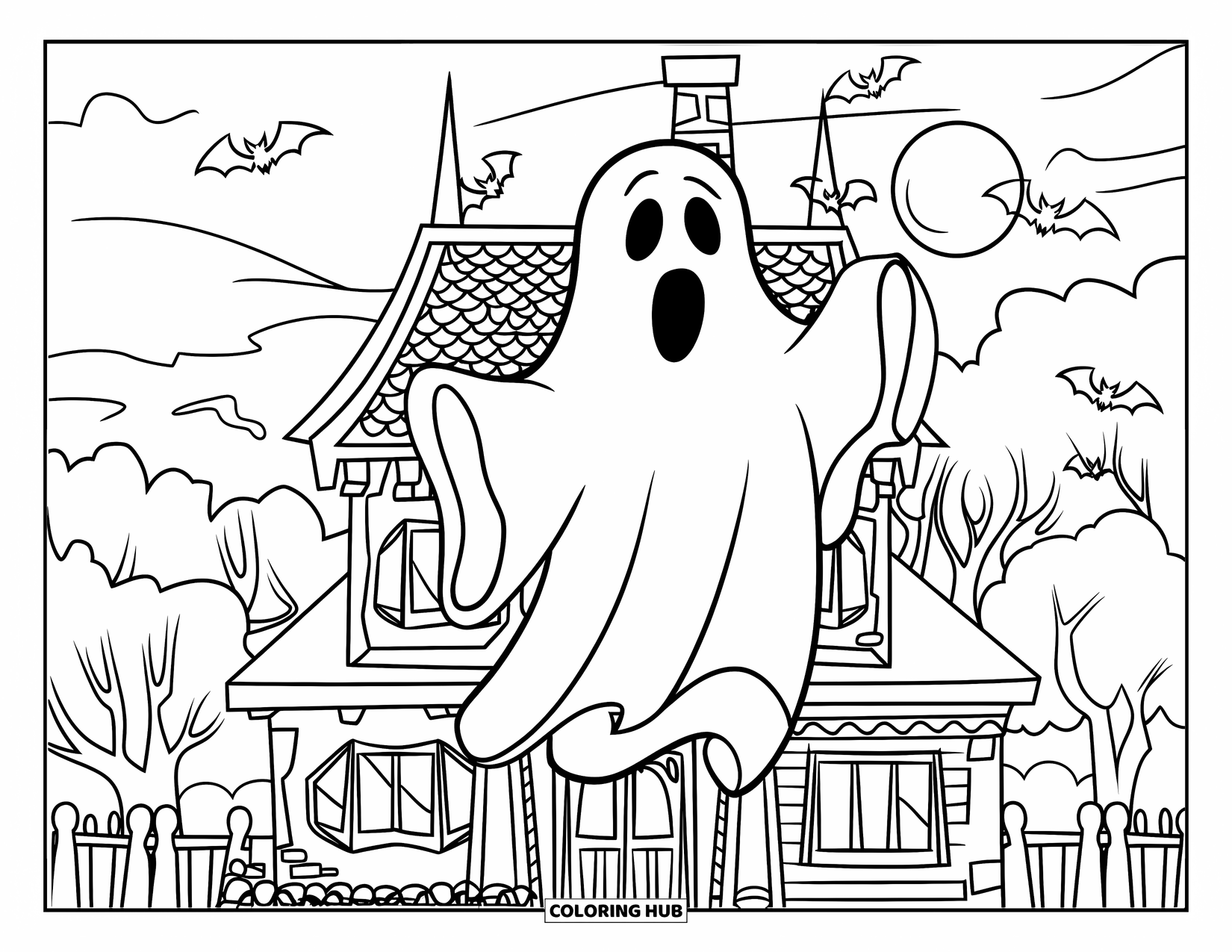 Haunted Mansion Coloring Page for Kids: Ghost rises from a mansion chimney as bats fly under a full moon