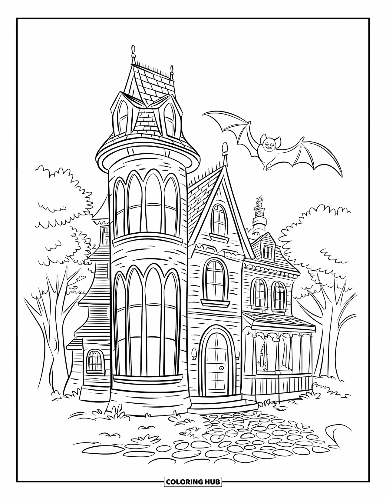 Haunted Mansion Coloring Page for Kids: Gothic mansion with towers and cobblestone yard surrounded by trees