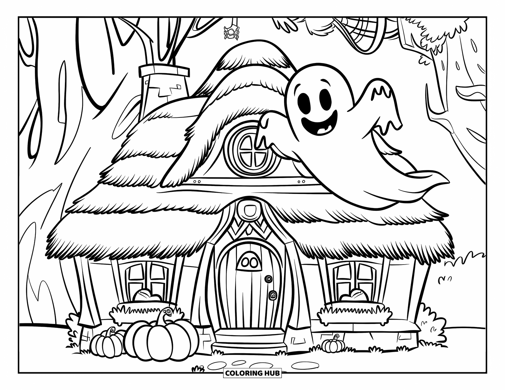 Haunted Mansion Coloring Page for Kids: Happy ghost with a pointy hat floats above a pumpkin-decorated haunted cottage