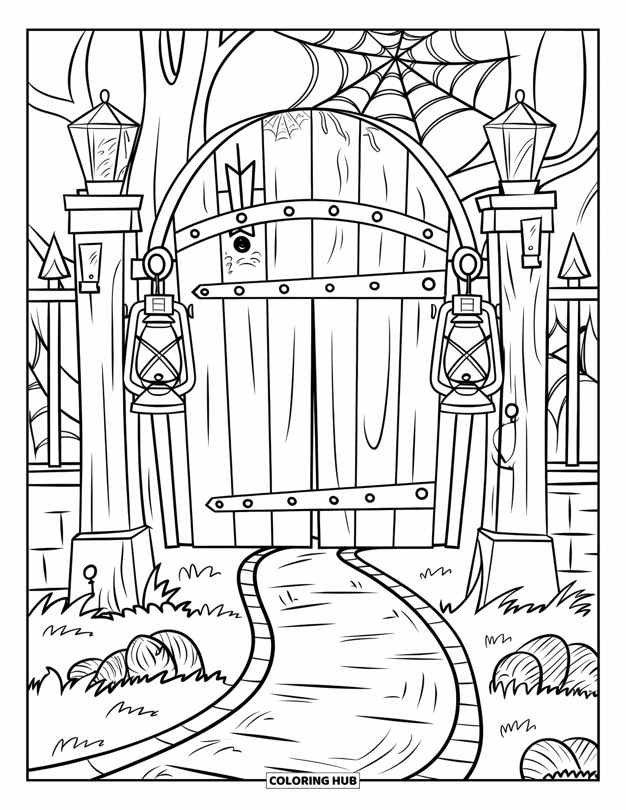 Haunted Mansion Coloring Page for Kids: Haunted gate with cobwebs, lanterns, and a crooked path