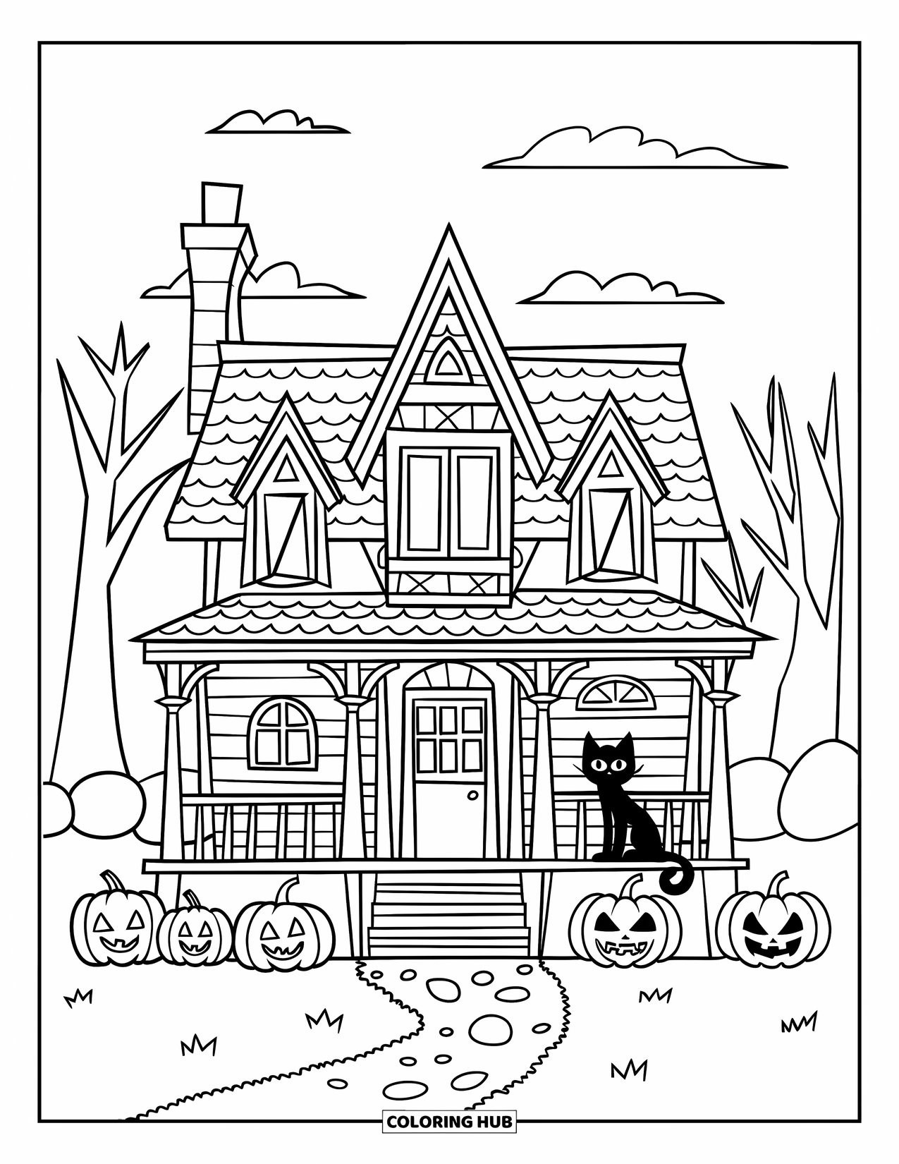 Haunted Mansion Coloring Page for Kids: Haunted house with pumpkins and a black cat sitting on the porch