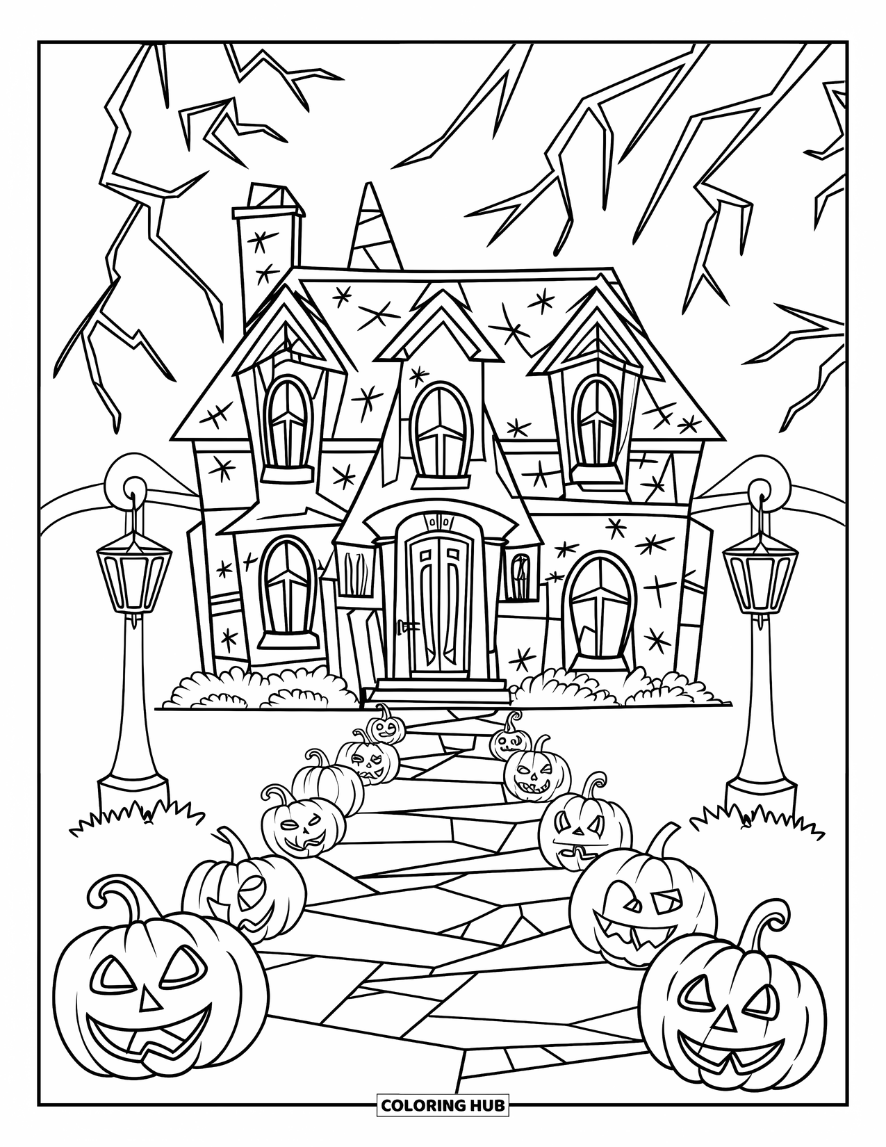 Haunted Mansion Coloring Page for Kids: Haunted mansion with lightning, pumpkins, and lanterns lighting up the stormy night