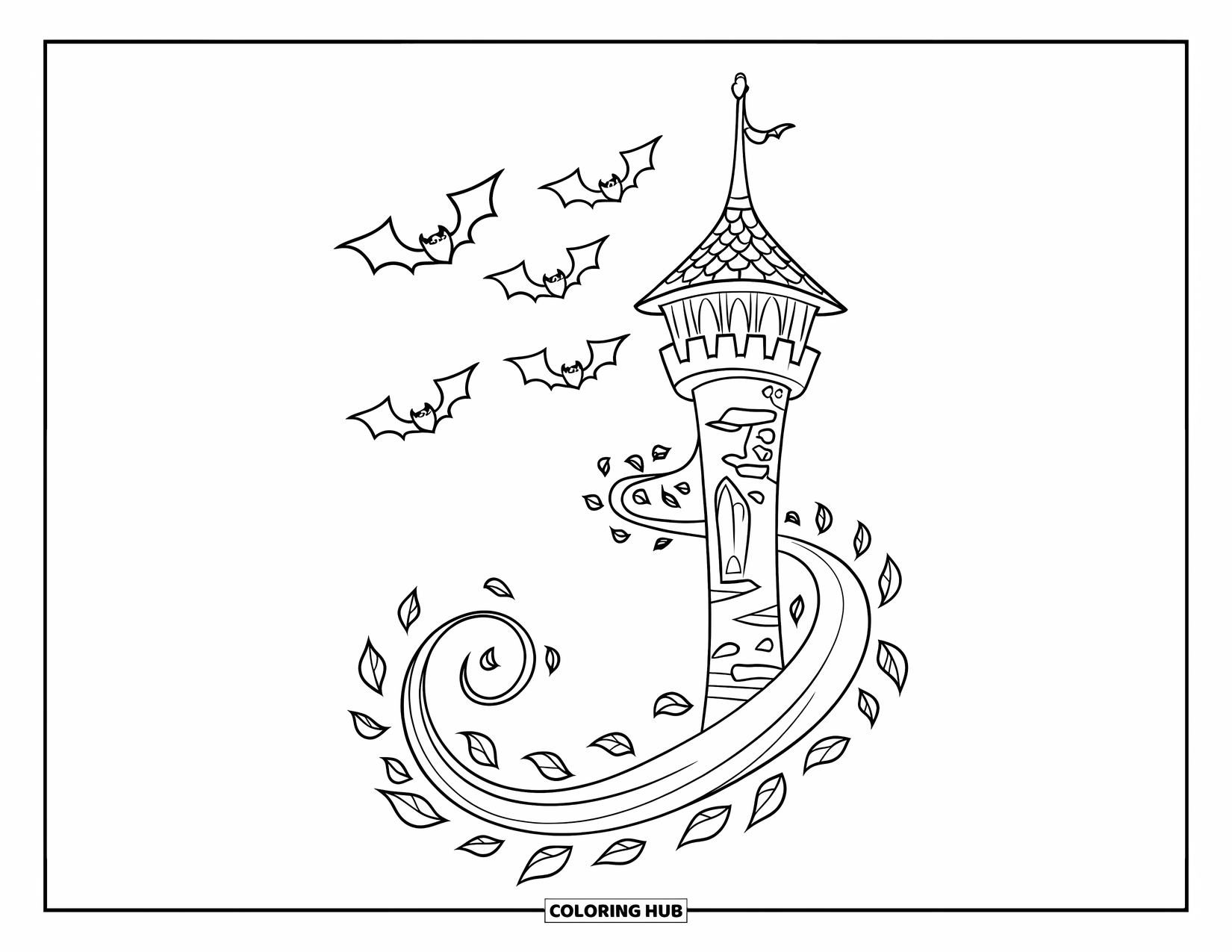 Haunted Mansion Coloring Page for Kids: Haunted tower with swirling leaves and floating bats on a clear background