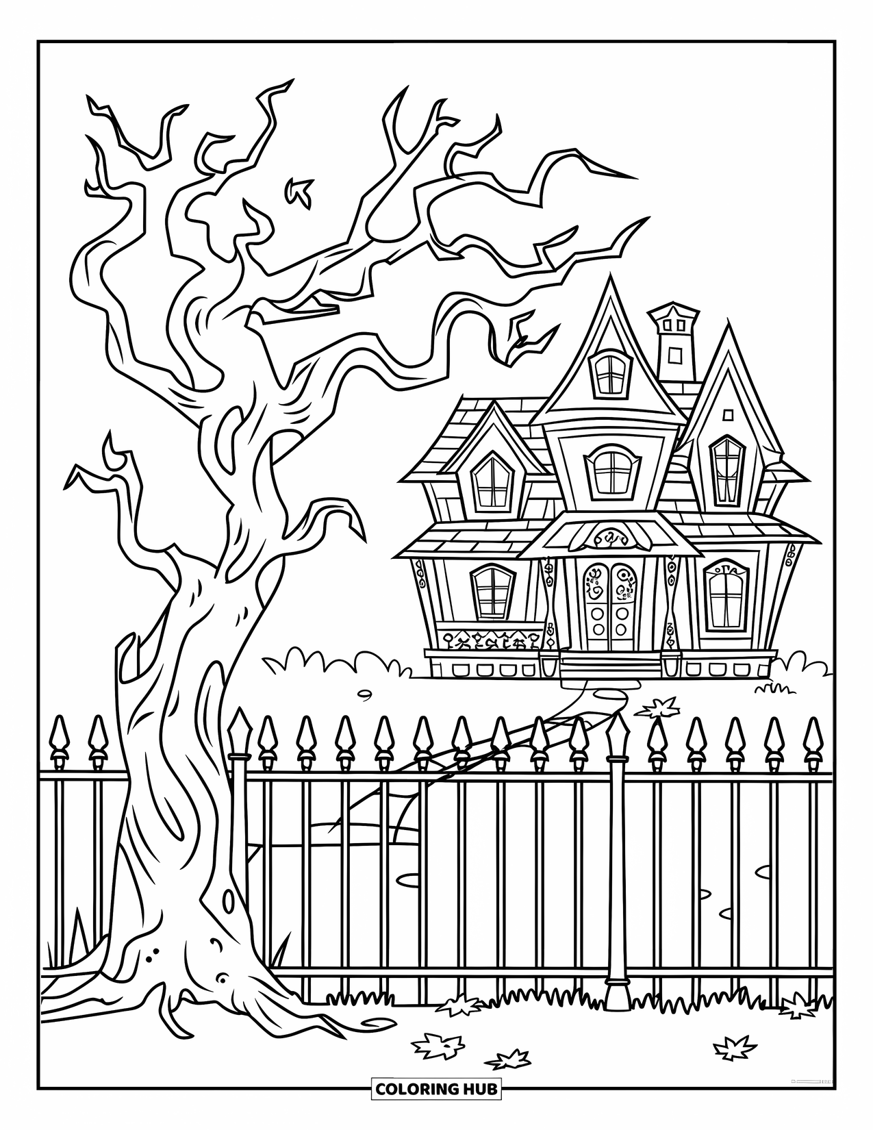 Haunted Mansion Coloring Page for Kids: Iron fence and tree frame a haunted house with leaves scattered below