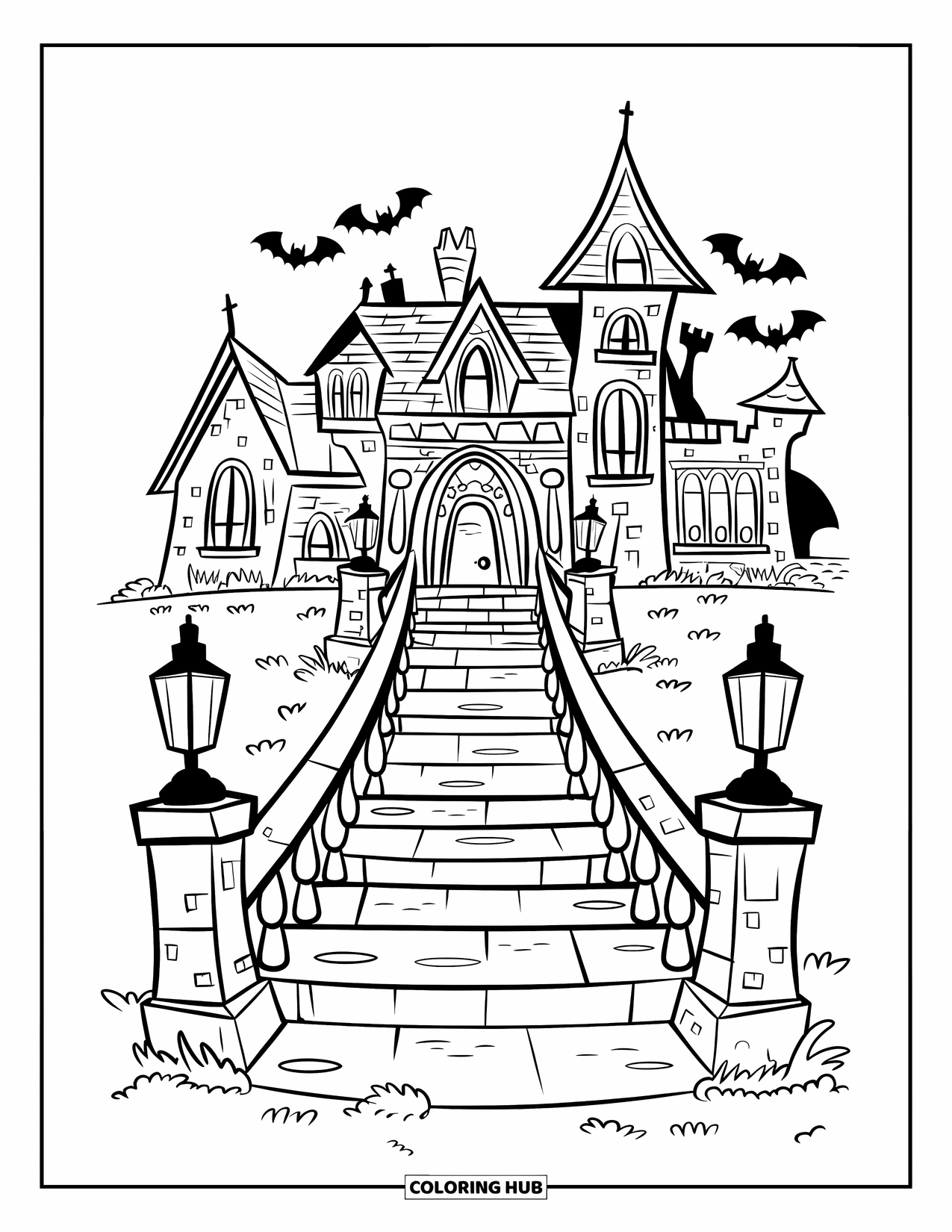 Haunted Mansion Coloring Page for Kids: Lantern-lit stone stairs lead to a gothic mansion with bats and mossy ground