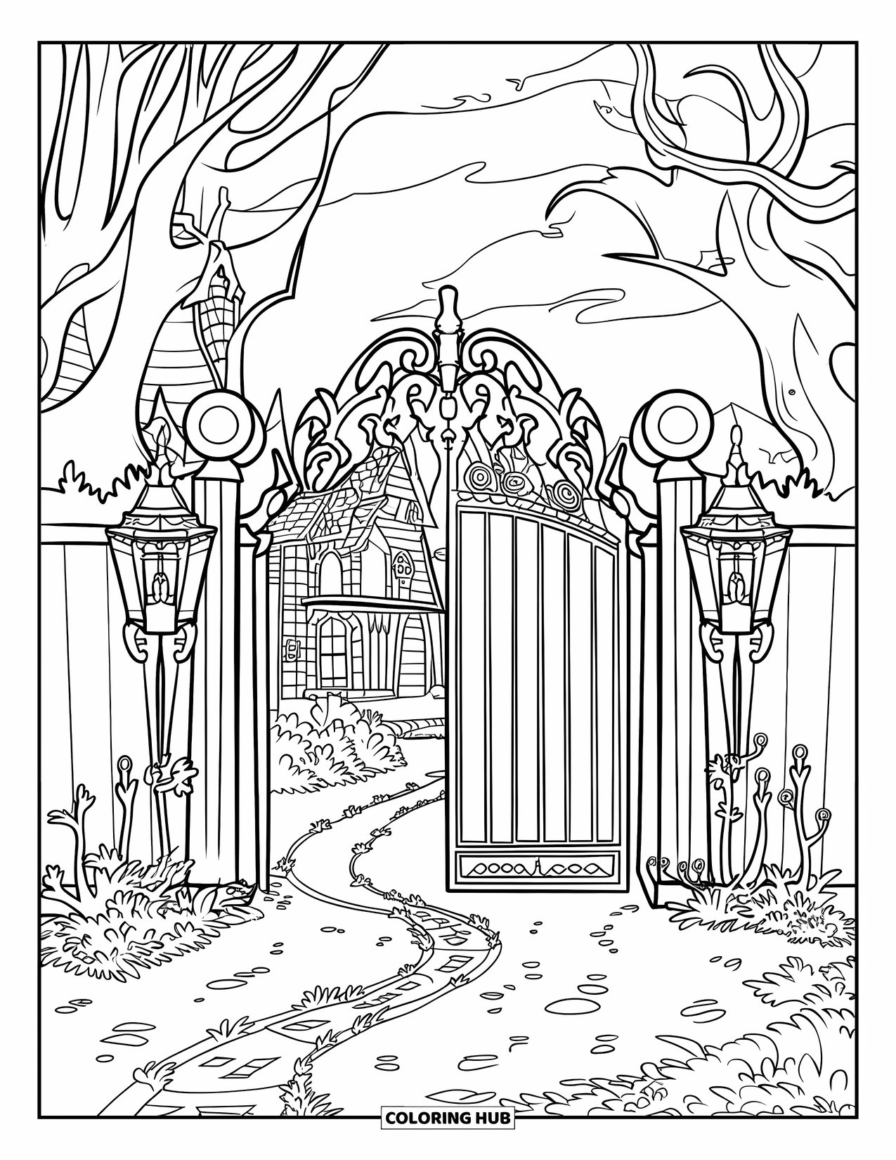 Haunted Mansion Coloring Page for Kids: Ornate gated path leads to a haunted manor under stormy skies