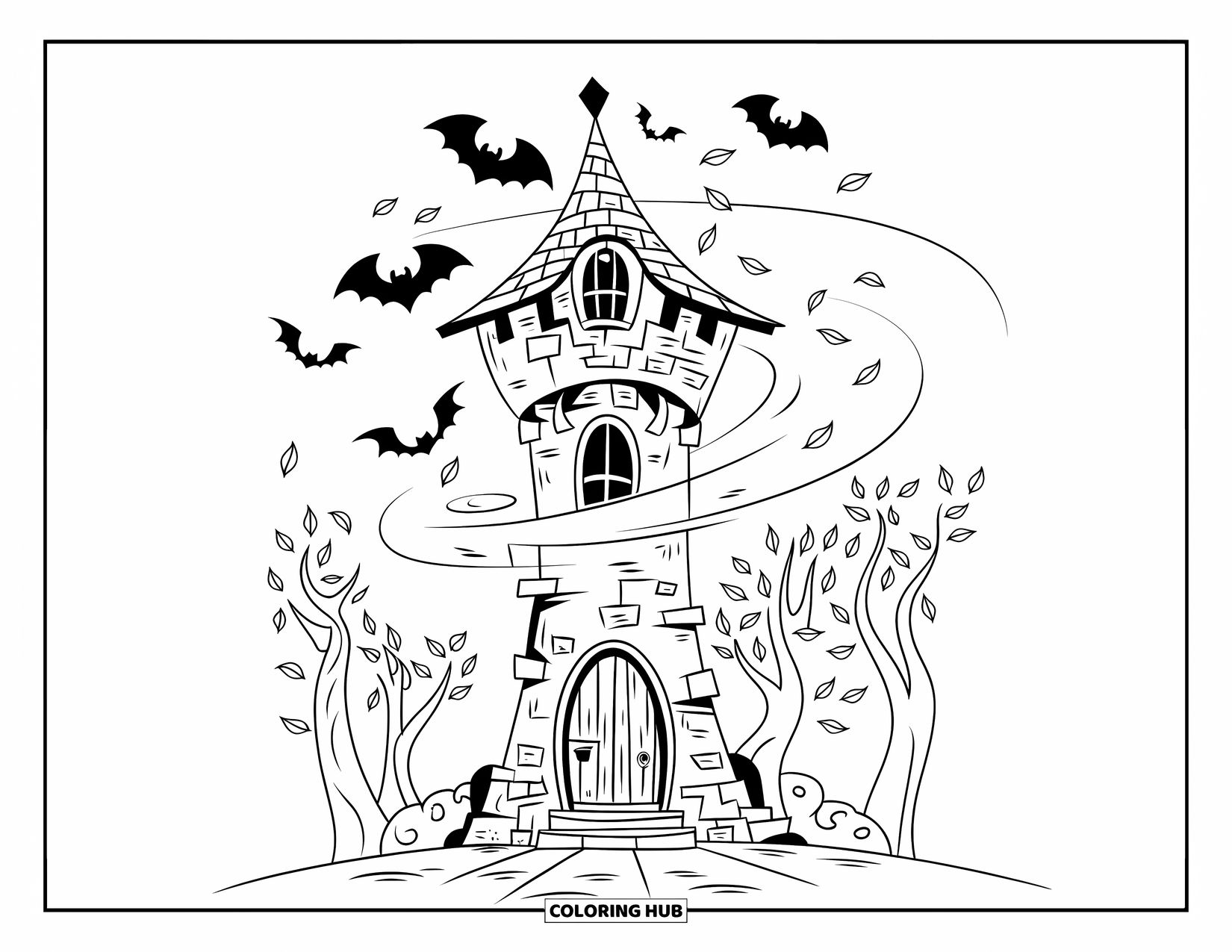 Haunted Mansion Coloring Page for Kids: Pointed-roof tower with bats, trees, and a wooden door at its base