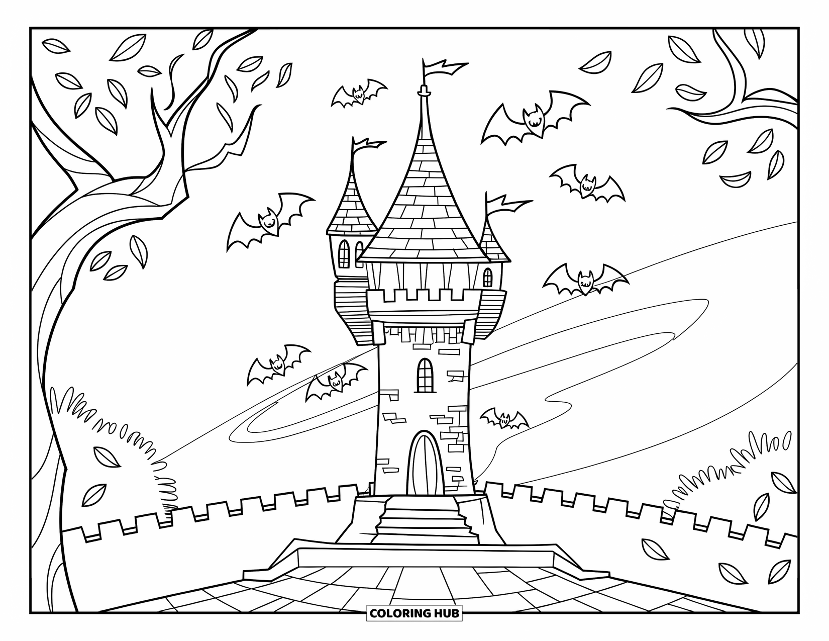 Haunted Mansion Coloring Page for Kids: Pointy tower surrounded by bats and leafy trees in a peaceful style