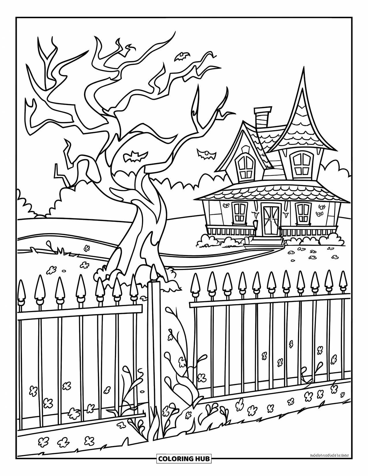 Haunted Mansion Coloring Page for Kids: Spooky yard with iron fence, crooked tree, and a pointy-roof haunted house