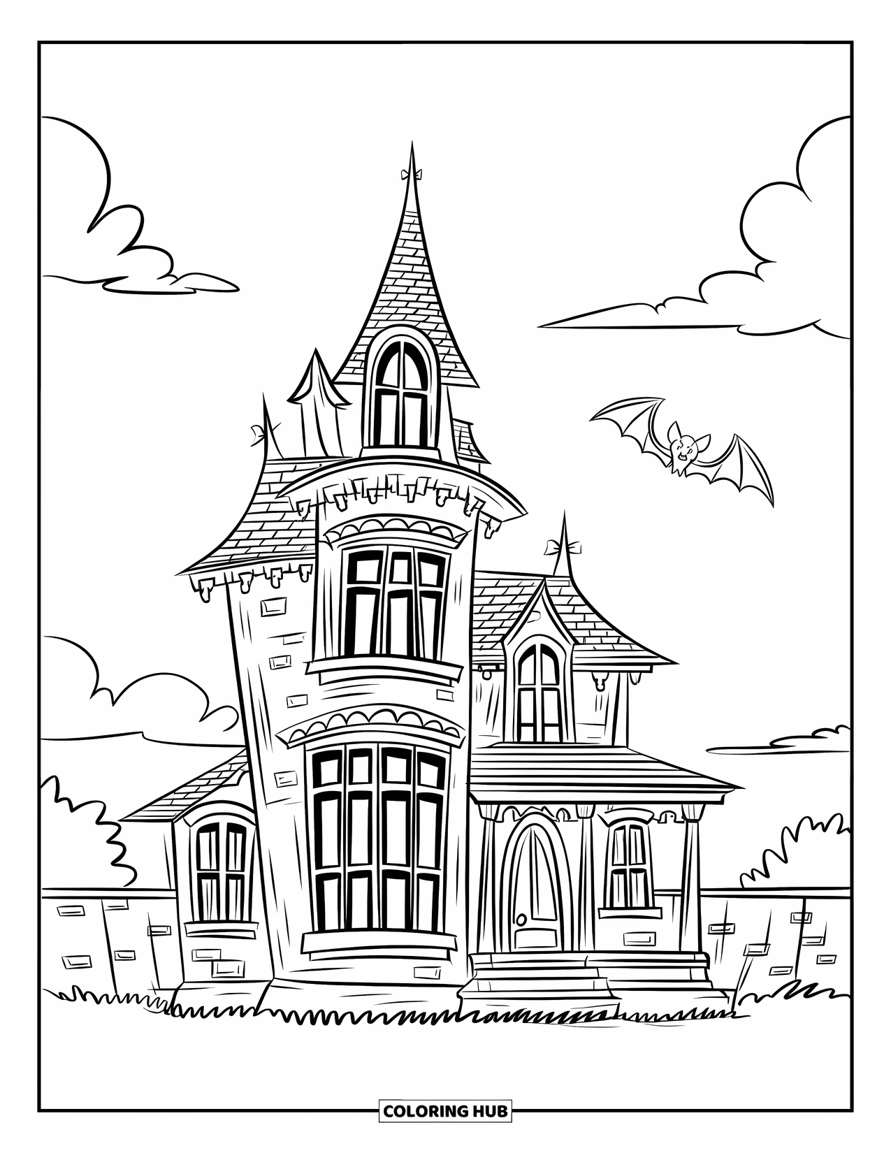 Haunted Mansion Coloring Page for Kids: Tall haunted mansion with big windows, stone wall, and a bat flying by