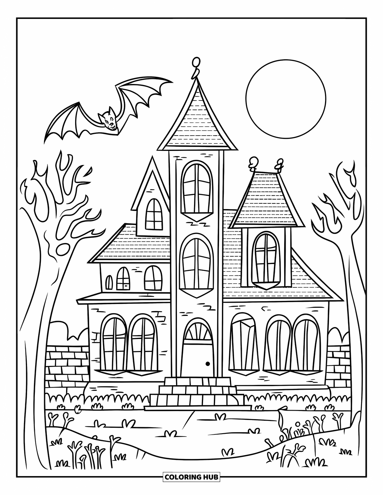 Haunted Mansion Coloring Page for Kids: Tall mansion with bats and stone walls stands under a full moon
