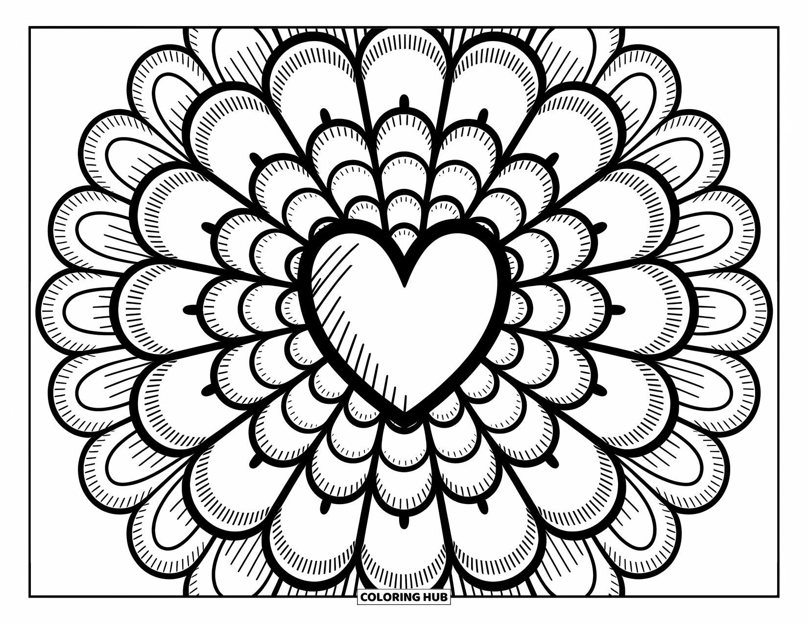 Heart Mandala Coloring Page for Adults: A bold heart blooms into patterned layers of heart fans, flowers, and stitched dividers