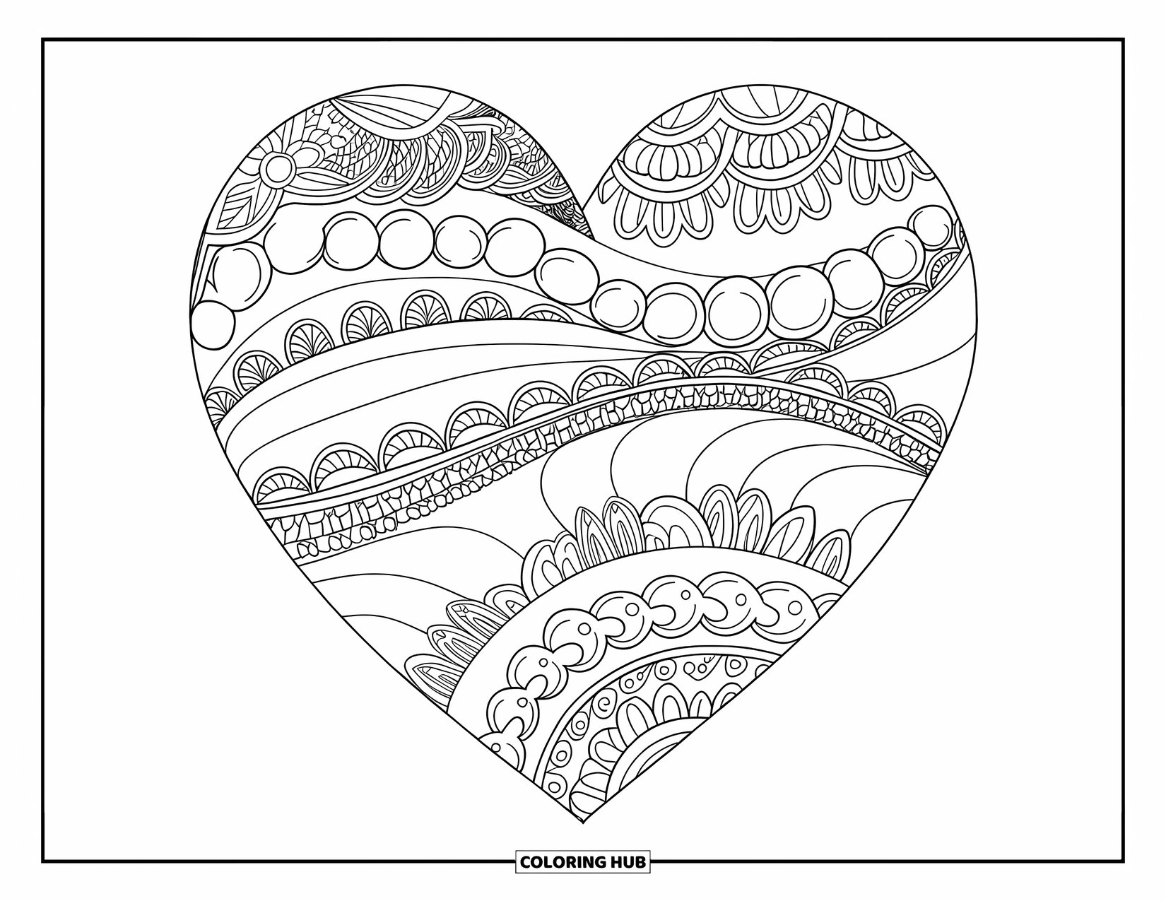 Heart Mandala Coloring Page for Adults: A delicate heart mandala with lace textures and flowing wave patterns fills the space