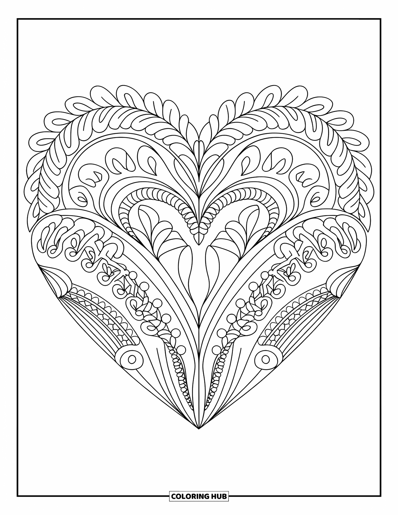 Heart Mandala Coloring Page for Adults: A full-page heart mandala with ornate baroque details and delicate curls