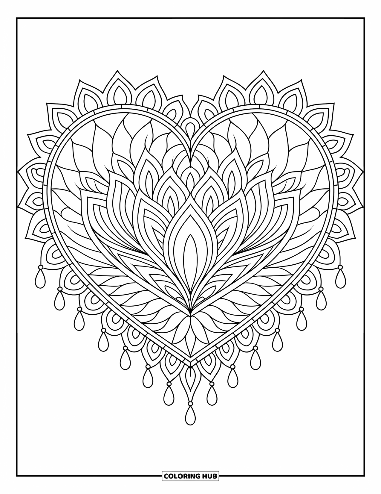 Heart Mandala Coloring Page for Adults: A full-page mandala with lotus petals and lace layers surrounds a heart center