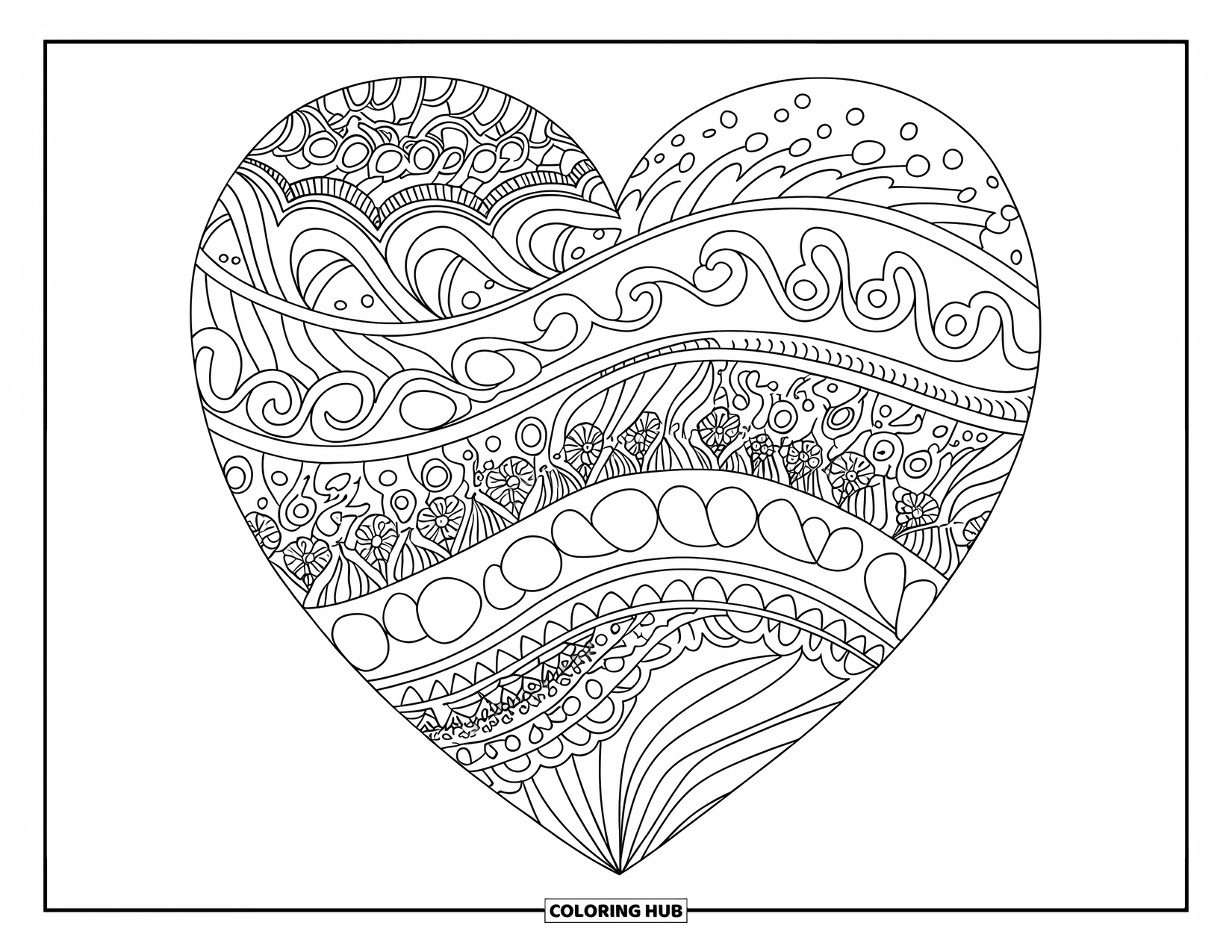 Heart Mandala Coloring Page for Adults: A graceful mandala of filigree hearts and floral waves fills the design beautifully