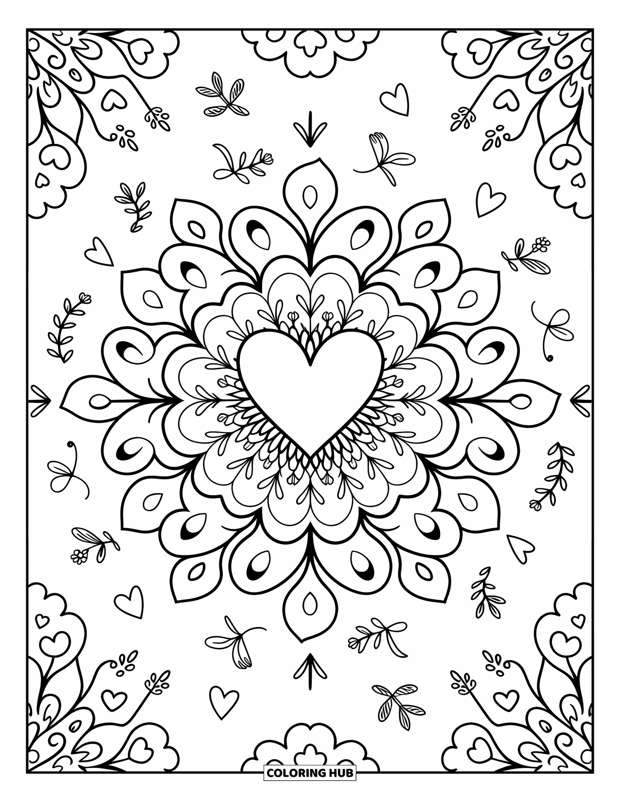 Heart Mandala Coloring Page for Adults: A heart blossoms into curved petals, ribbon loops, and mini hearts in a playful swirl
