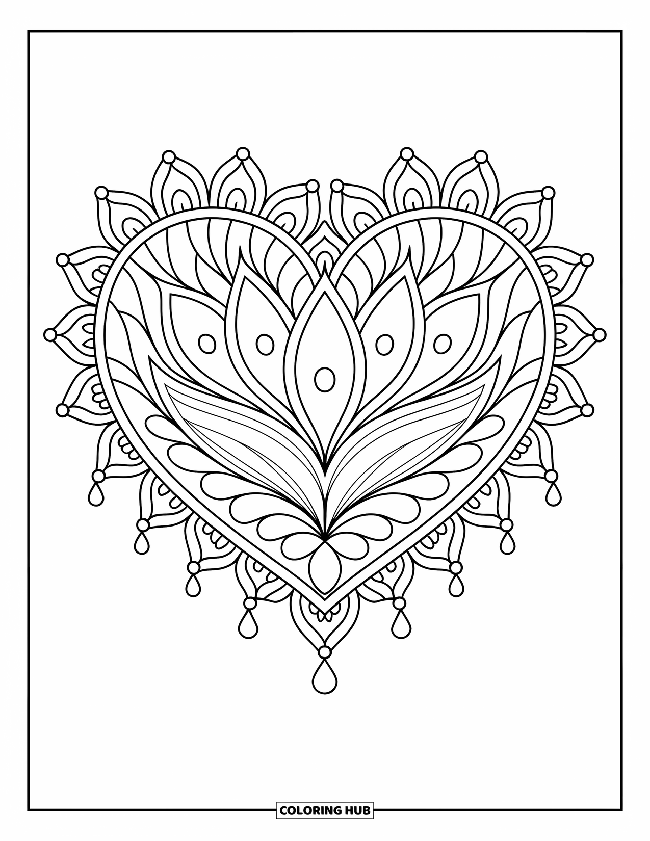 Heart Mandala Coloring Page for Adults: A heart mandala of teardrops, lotus petals, and lace shapes stretches across the page