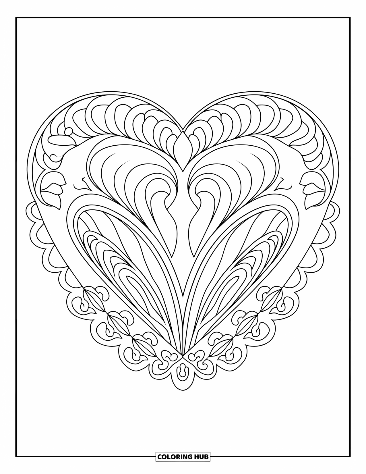 Heart Mandala Coloring Page for Adults: A heart mandala with baroque swirls, floral arcs, and curled shapes fills the space
