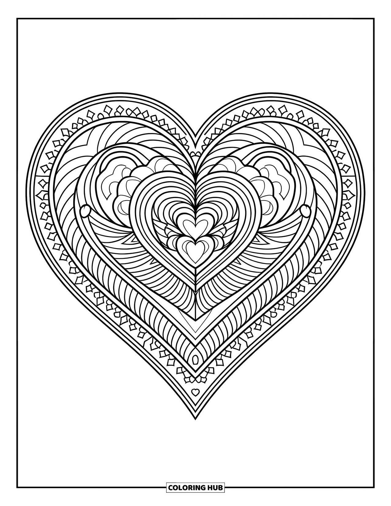 Heart Mandala Coloring Page for Adults: A heart mandala with spiraling hearts and geometric patterns covers the full page